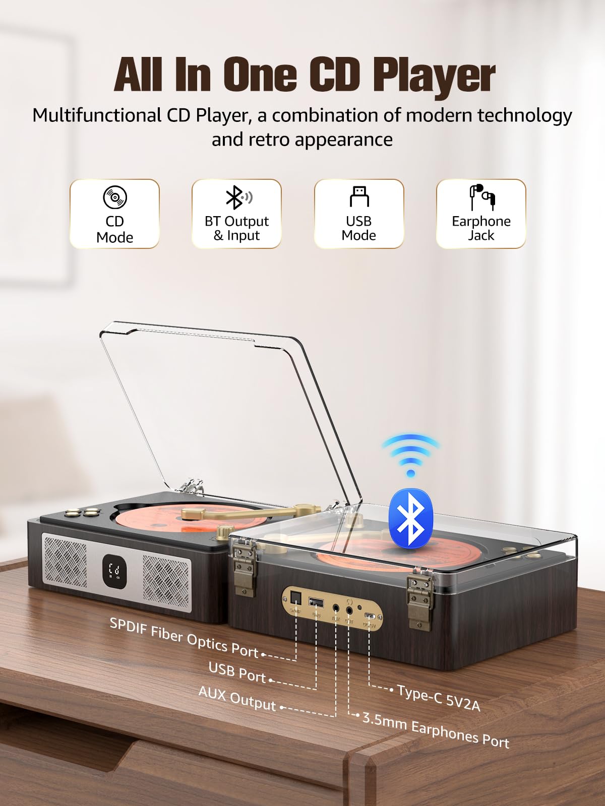 Lettore CD con altoparlanti integrati Ingresso e uscita Bluetooth Lettori CD portatili per musica domestica Lettore CD nostalgico con telecomando Jack per cuffie marrone noce con schermo di