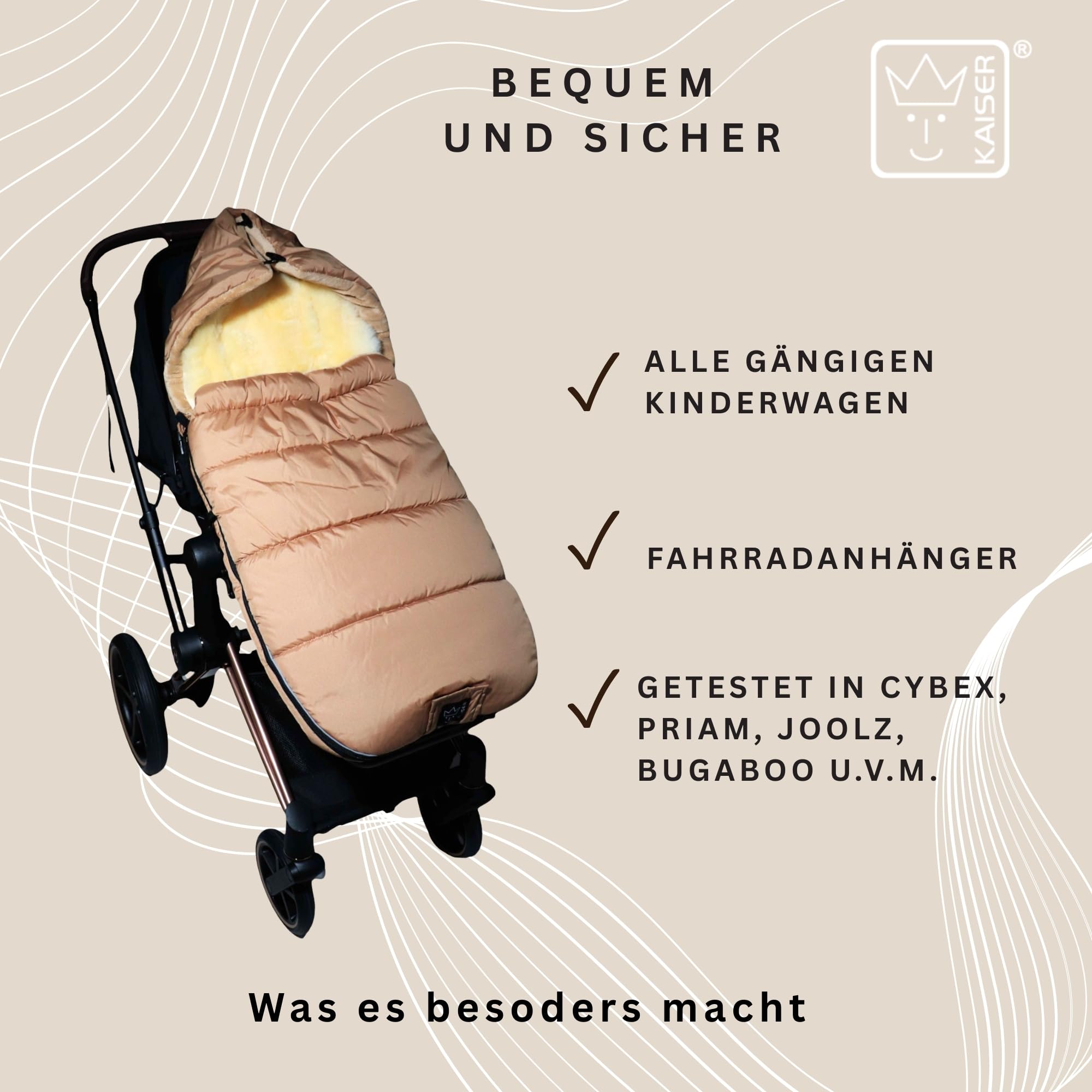 SHEEP Thermo Fußsack mit Lammfelleinlage, 100x45cm, Universal Kinderwagen, Wasserabweisend, Reflektorstreifen (sand)