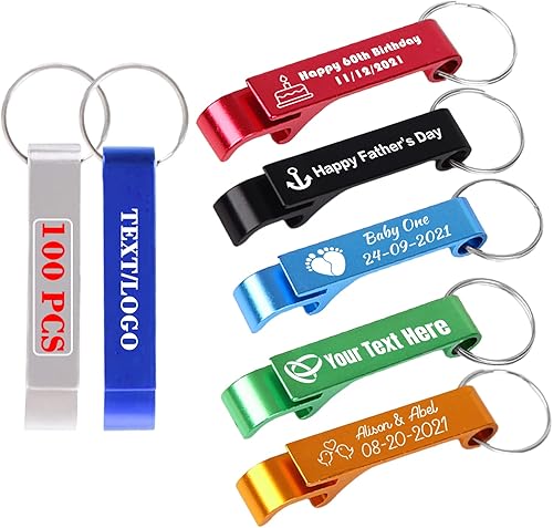 100 abridores de botellas personalizados con logotipo grabado con texto grabado abridor de botellas llavero a granel personalizado para recuerdos de