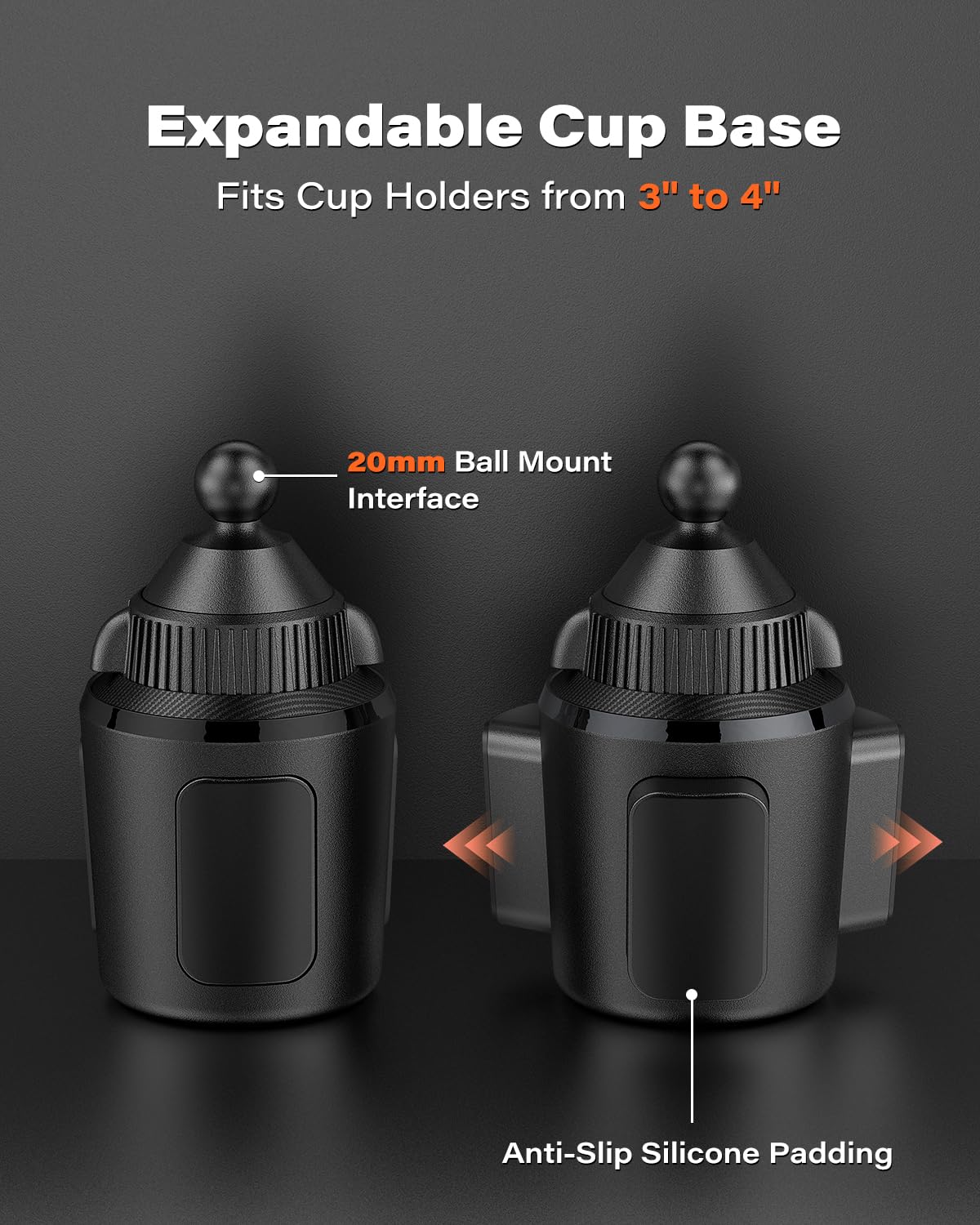 APPS2Car Soporte magnético resistente para teléfono | Brazo de aluminio | Imanes N55 de doble anillo | Se adapta a portavasos de 3 a 4 pulgadas, rótula de 20 mm | Compatible con MagSafe iPhone