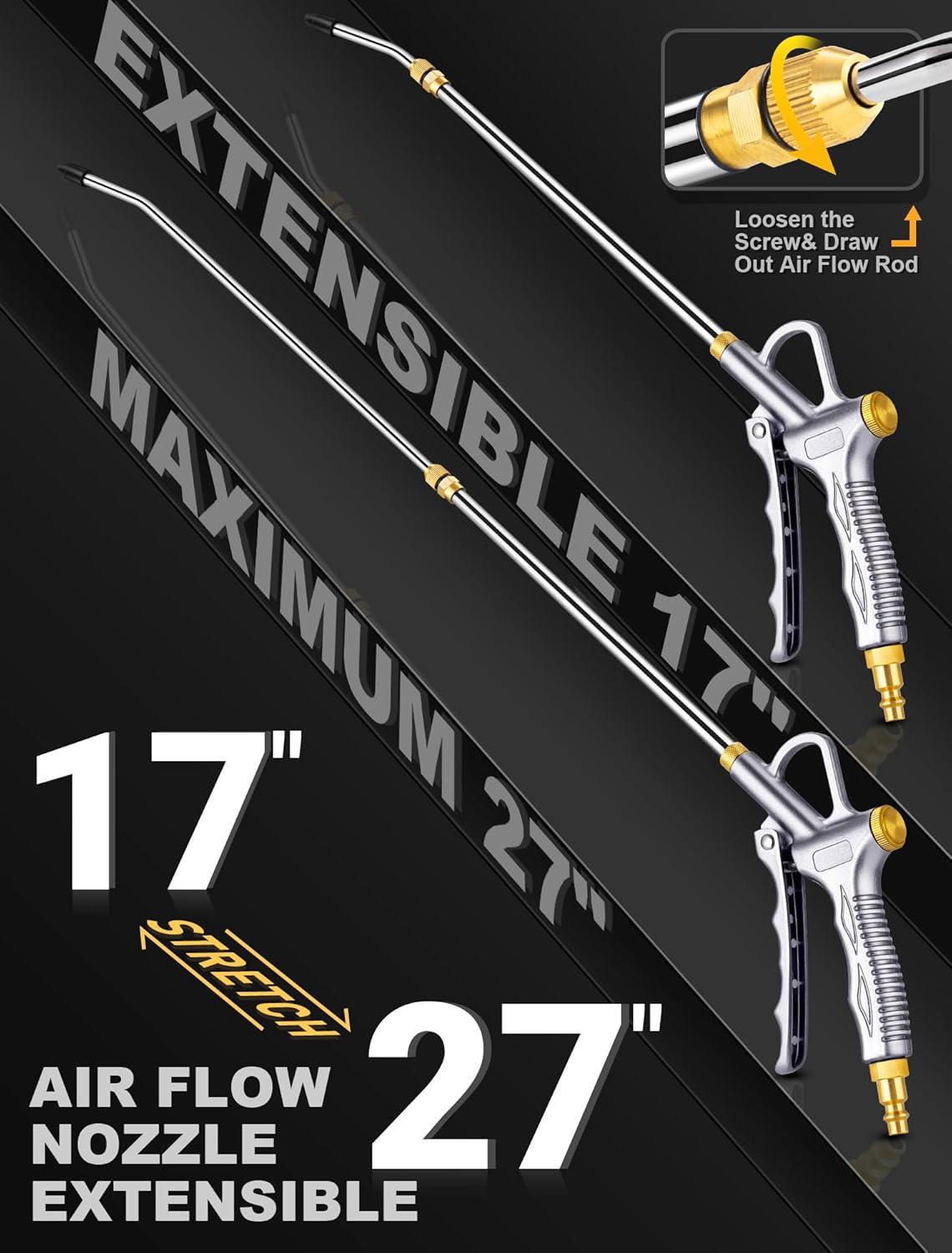 JASTIND Upgrade Air Blow Gun with Adjustable Air Blower Nozzle, Up to 27 Inches Extension with 4.9 Inches Steel Air Flow Nozzle, High Volume Pneumatic Dust Clean Tool for Air Compressor Accessory