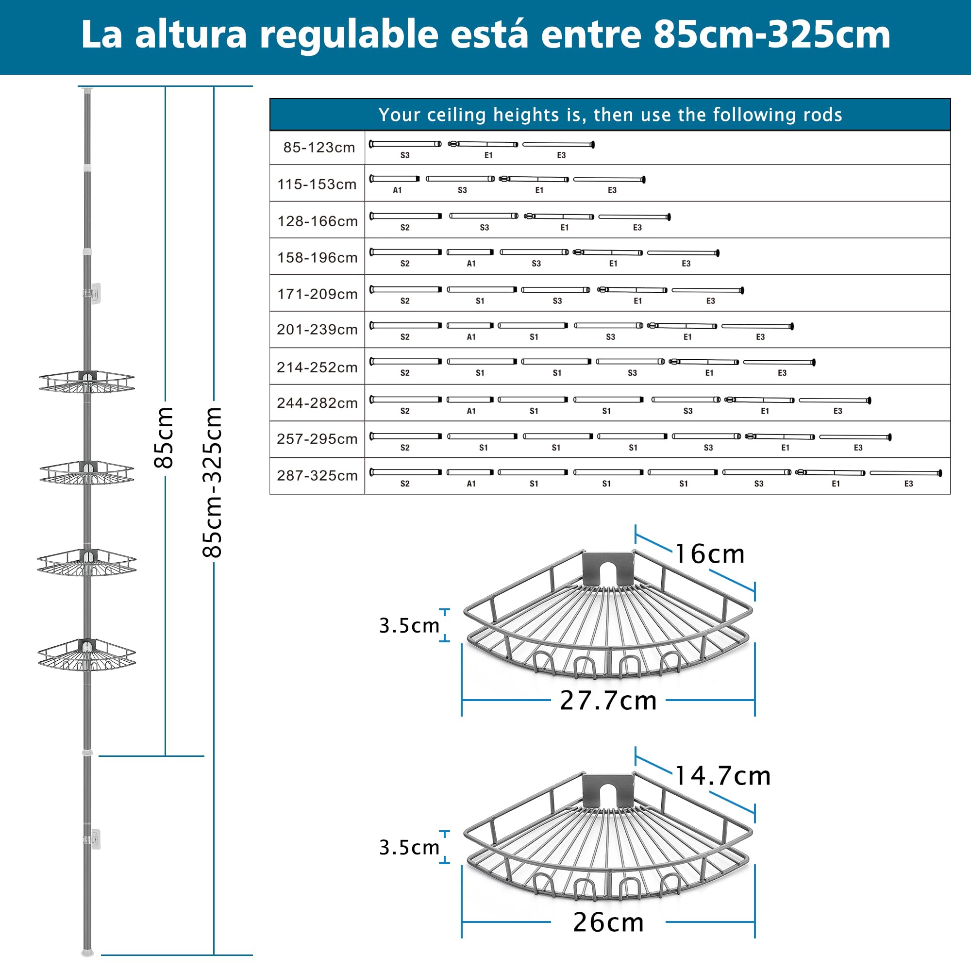 Estanteria Baño Telescopica Estante Ducha Esquina sin Taladro Acero Inoxidable con 4 Bandejas, Ajustable 85-325cm, para Bañera, Cuarto de Baño, Ducha y Cocina, Gris