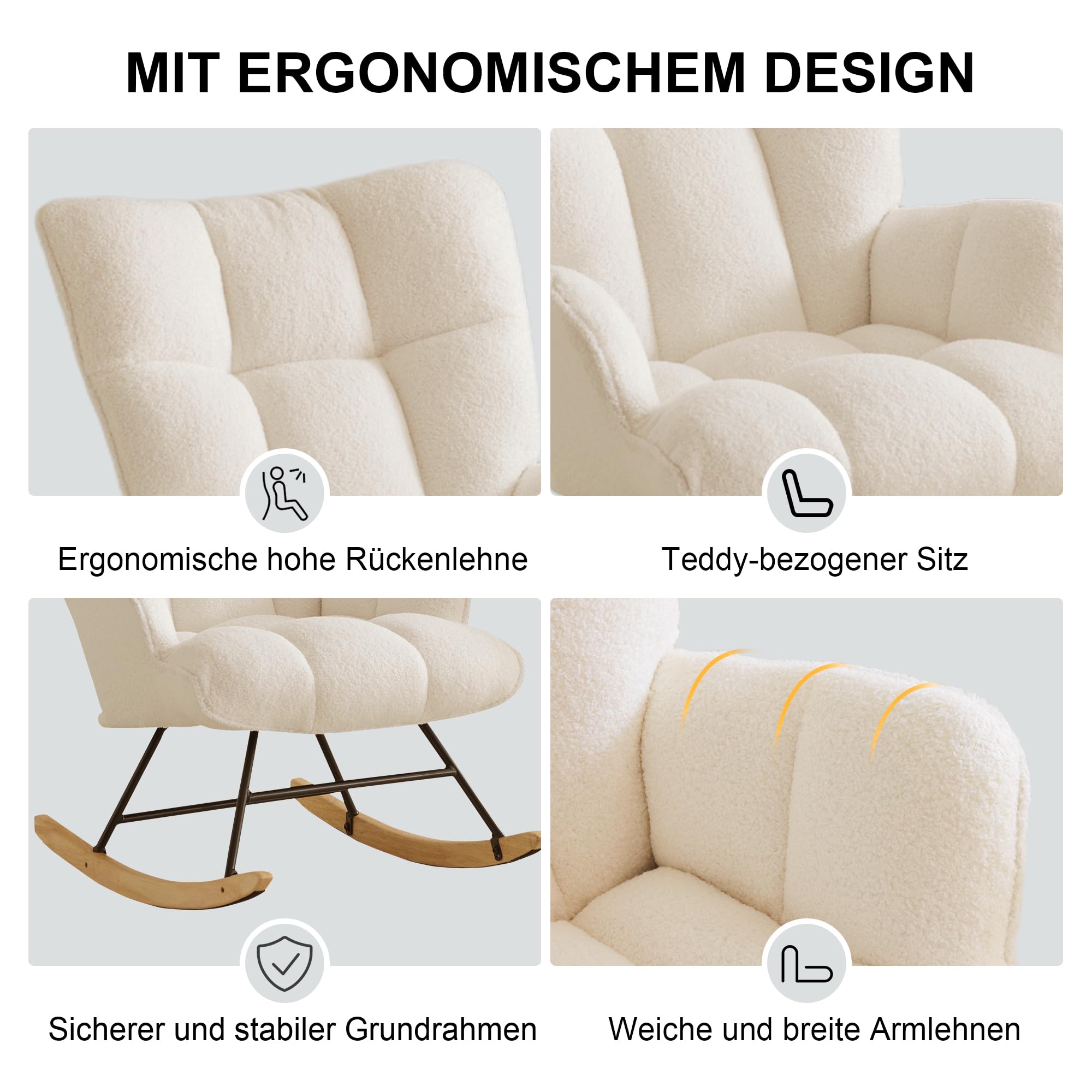 Schaukelstuhl Stillsessel Schaukelsessel mit Armlehnen Gepolsterter Stillstuhl Relaxsessel für Wohnzimmer Babyzimmer Bis 136 kg Belastbar Rocking Chair Nursery Elfenbeinfarben