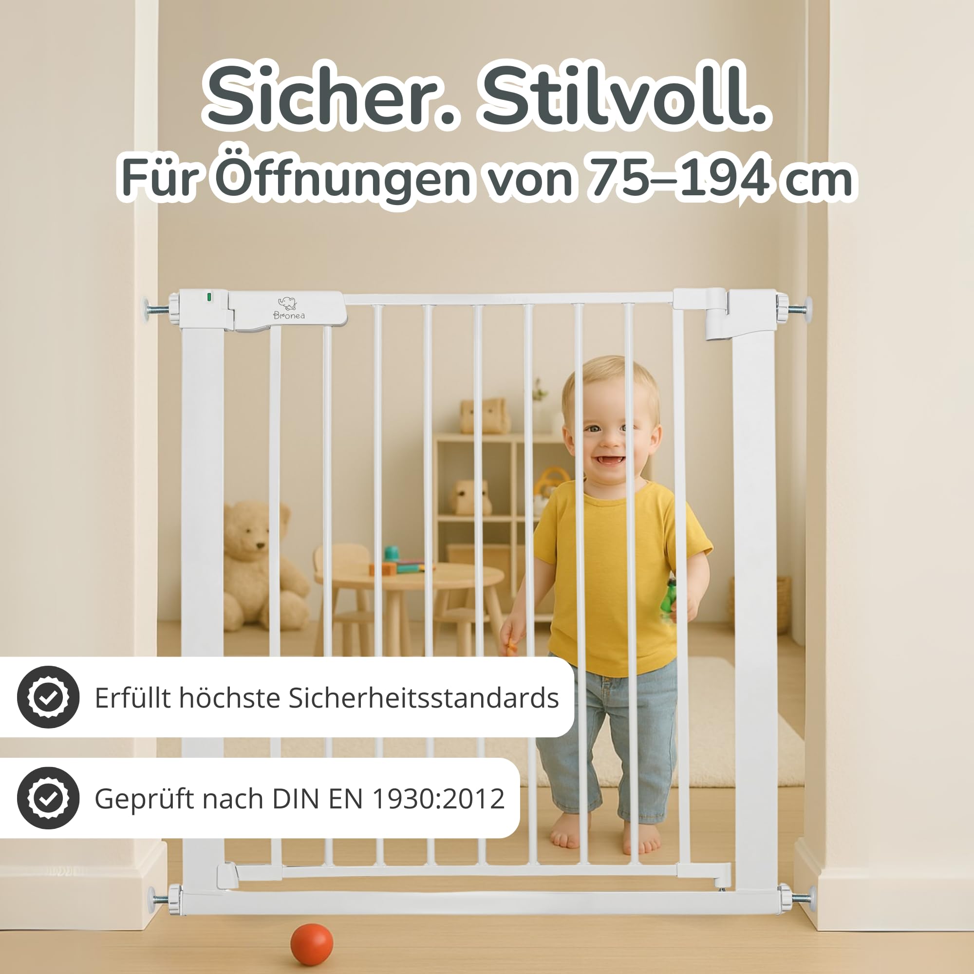 Luca Treppengitter ohne Bohren | Türgitter & Treppenschutzgitter zum Klemmen | verlängerbar 75-194 cm | Auto-Close, 90° Stop, beidseitig schwenkbar (152-159 cm)