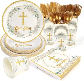 168Pcs Baptism Plates and Napkins, God Bless Disposable Paper Plate First Communion Plates for 24 Guests Baby Shower Birthday Baptism Christening Party Supplies Decorations for Girls Boys