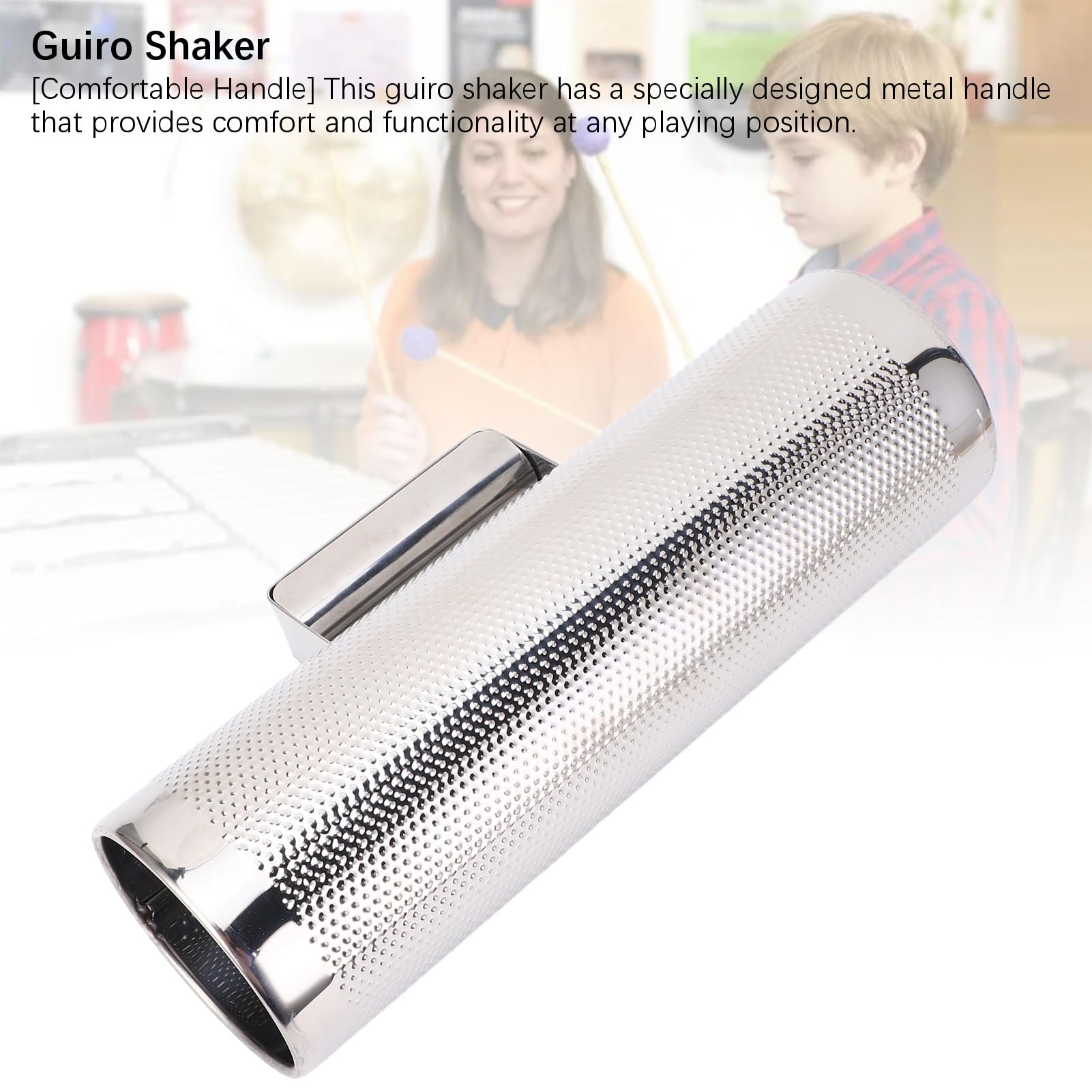 Guiro Instrument avec grattoir pour percussions latines et concerts, doté d'une poignée confortable pour des sons forts et lumineux, corps en acier inoxydable 32 x 10 cm