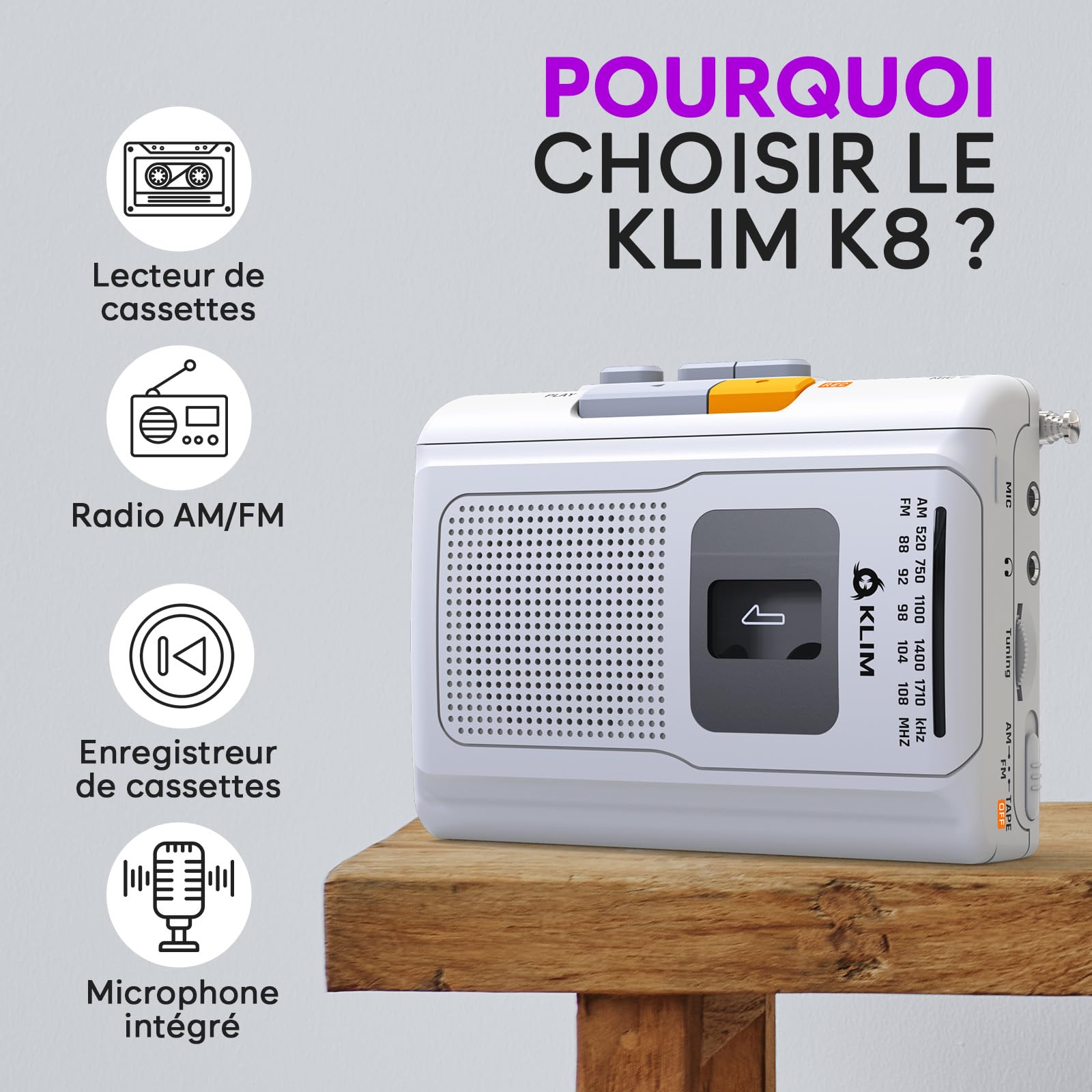 KLIM K8 Lecteur Cassette Audio - Enregistreur Cassette - Nouveau Player - Radio AM/FM - Microphone et Haut-Parleur Intégrés - Prise Casque et Écouteurs - Blanc