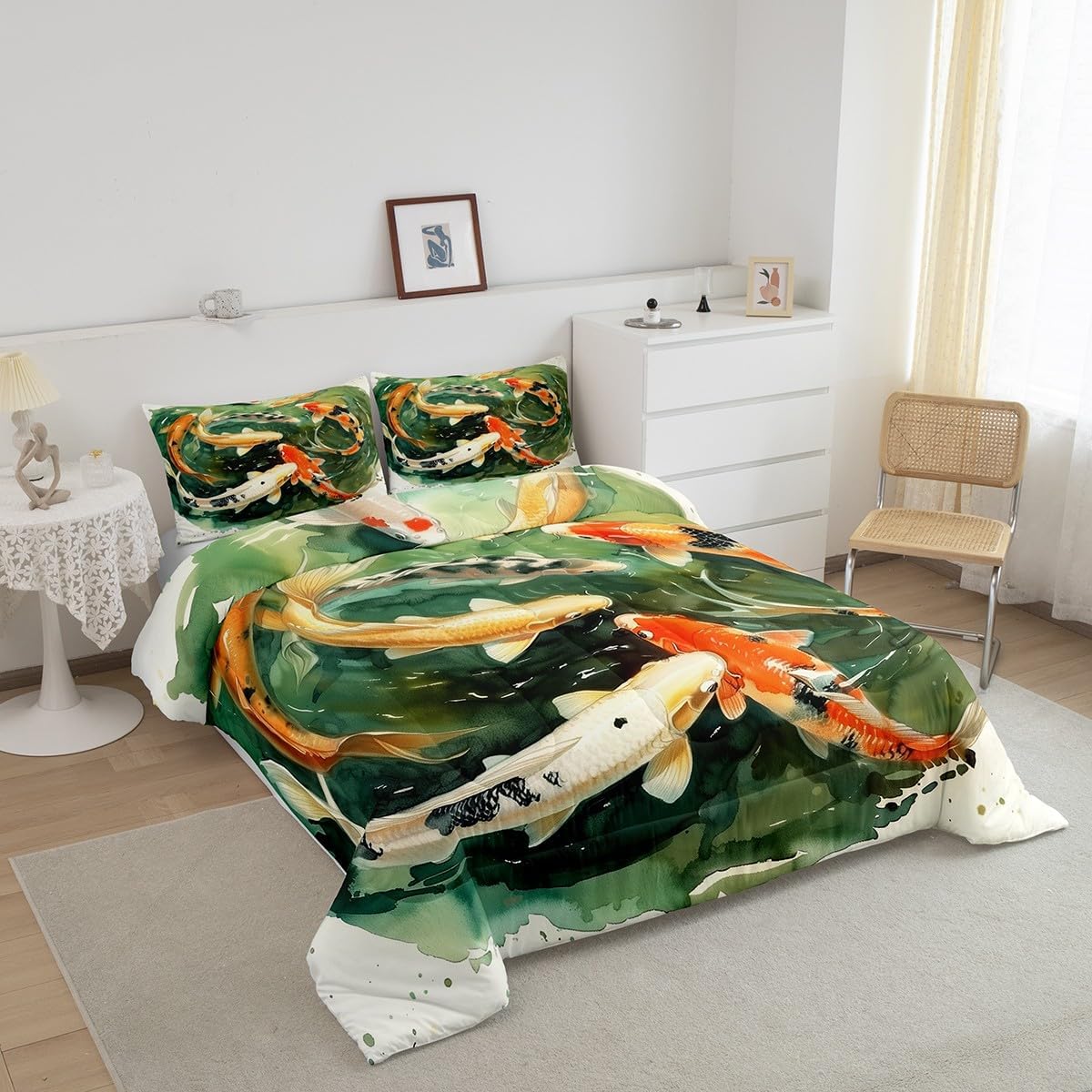 Erosebridal Koi Fish Twin Comforter Set Oriental Japanese Bedding Set, Watercolor Style Bedding Comforter Sets Wild Lucky Fish Duvet, Green Orange Beige Quilted Comforter Eastern Room Decorative