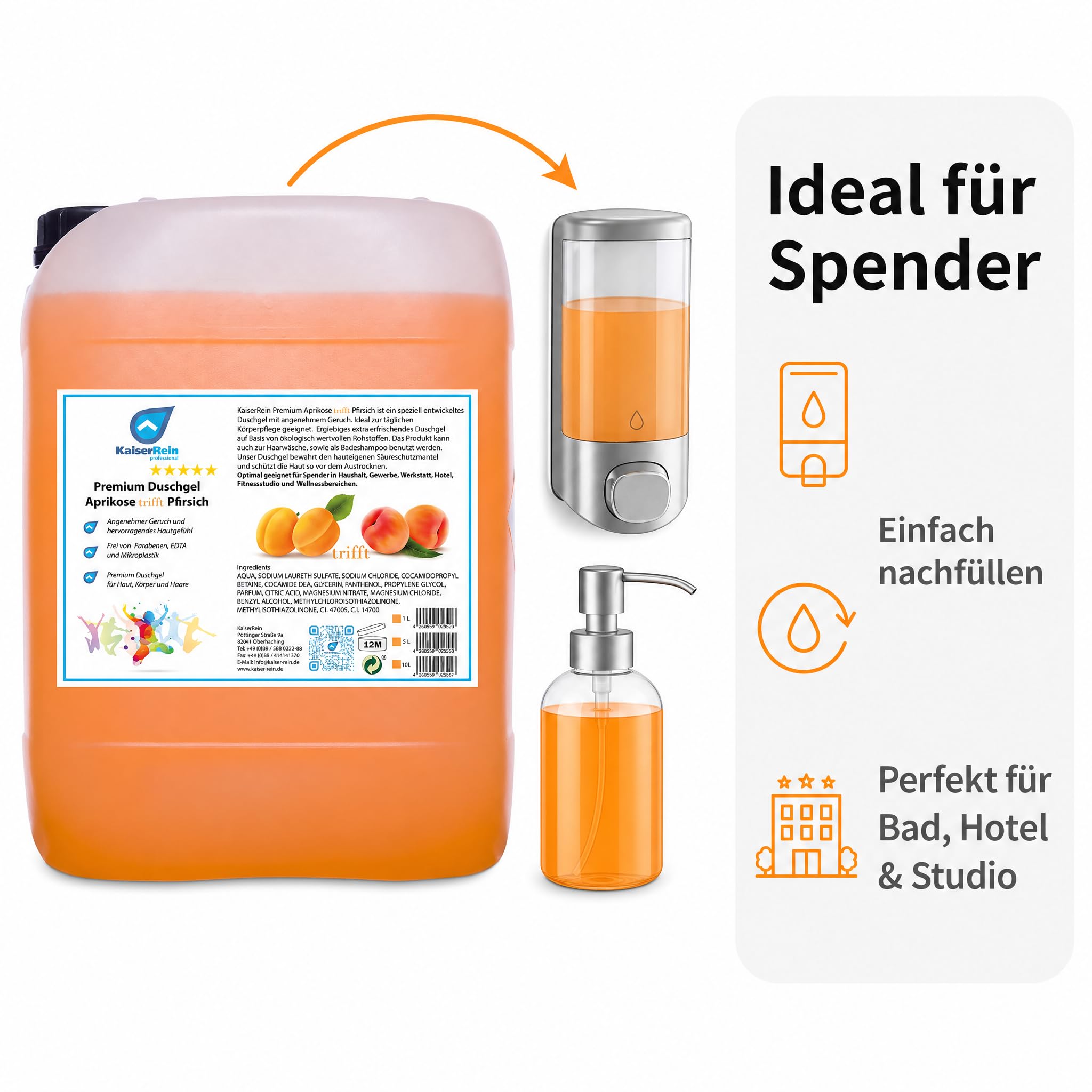 KaiserRein Duschgel Aprikose-Pfirsich, 10 L Nachfüllkanister, 3-in-1 Duschgel Shampoo Badezusatz, für Spender, fruchtiger Duft, mikroplastikfrei, ohne Parabene & EDTA