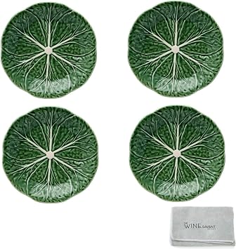 Bordallo Pinheiro Cabbage Green Dessert Plate Set of 4 with A Microfiber Cleaning Towel - Gourmet Kitchen Presentation Lettuce Serving Dish Platter For Dinner, Party, Wedding, Elegant Tableware 8"L