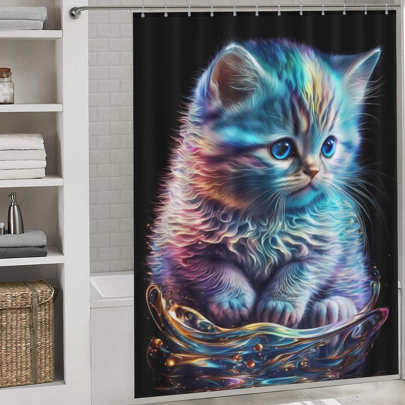 Rideau de douche nébuleuse chaton mignon 163x180cm lavable avec 12 crochets pour salle de bain