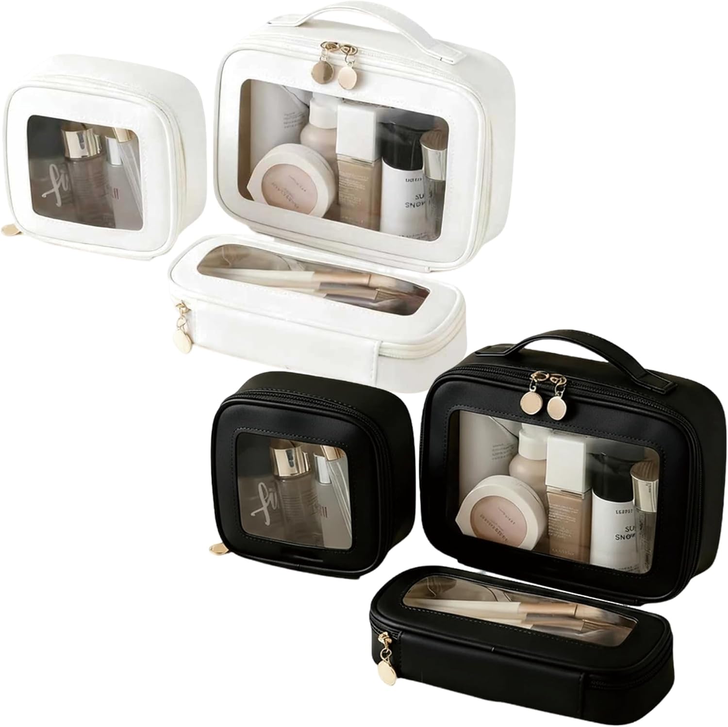 2 Complete Sets of 3-Size Makeup Bags | Premium Transparent & Waterproof Cosmetic Organizer Storage Bag | Travel Toiletry & Skincare Storage Set (White+Black, L+M+S)