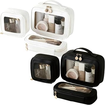 2 Complete Sets of 3-Size Makeup Bags | Premium Transparent & Waterproof Cosmetic Organizer Storage Bag | Travel Toiletry & Skincare Storage Set White+Black, L+M+S