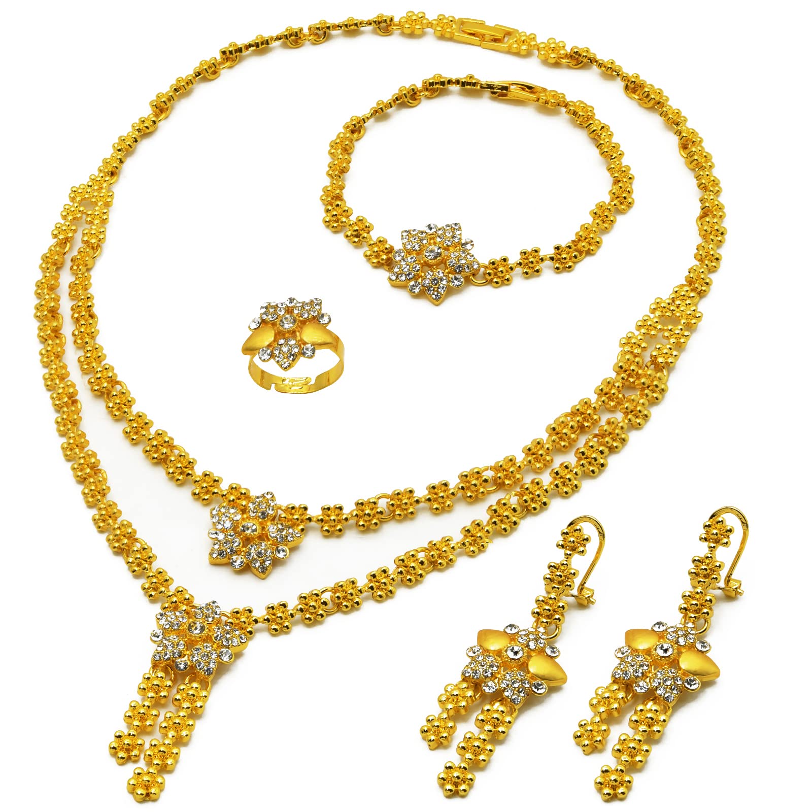 Indian Bollywood Women Jewelry Sets 24K Gold Plated Dubai Gold Necklace Earrings Bangle Fashion Wedding Prom Jewelry Set