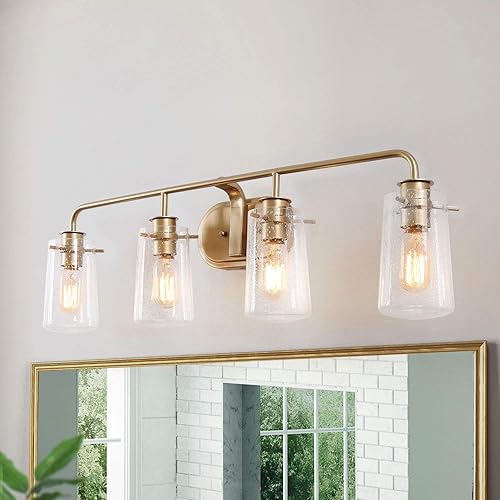 KSANA Lámpara de tocador de baño, 31 pulgadas, lámparas de baño doradas, 4 luces, modernas luces de tocador doradas para baño con pantalla de vidrio