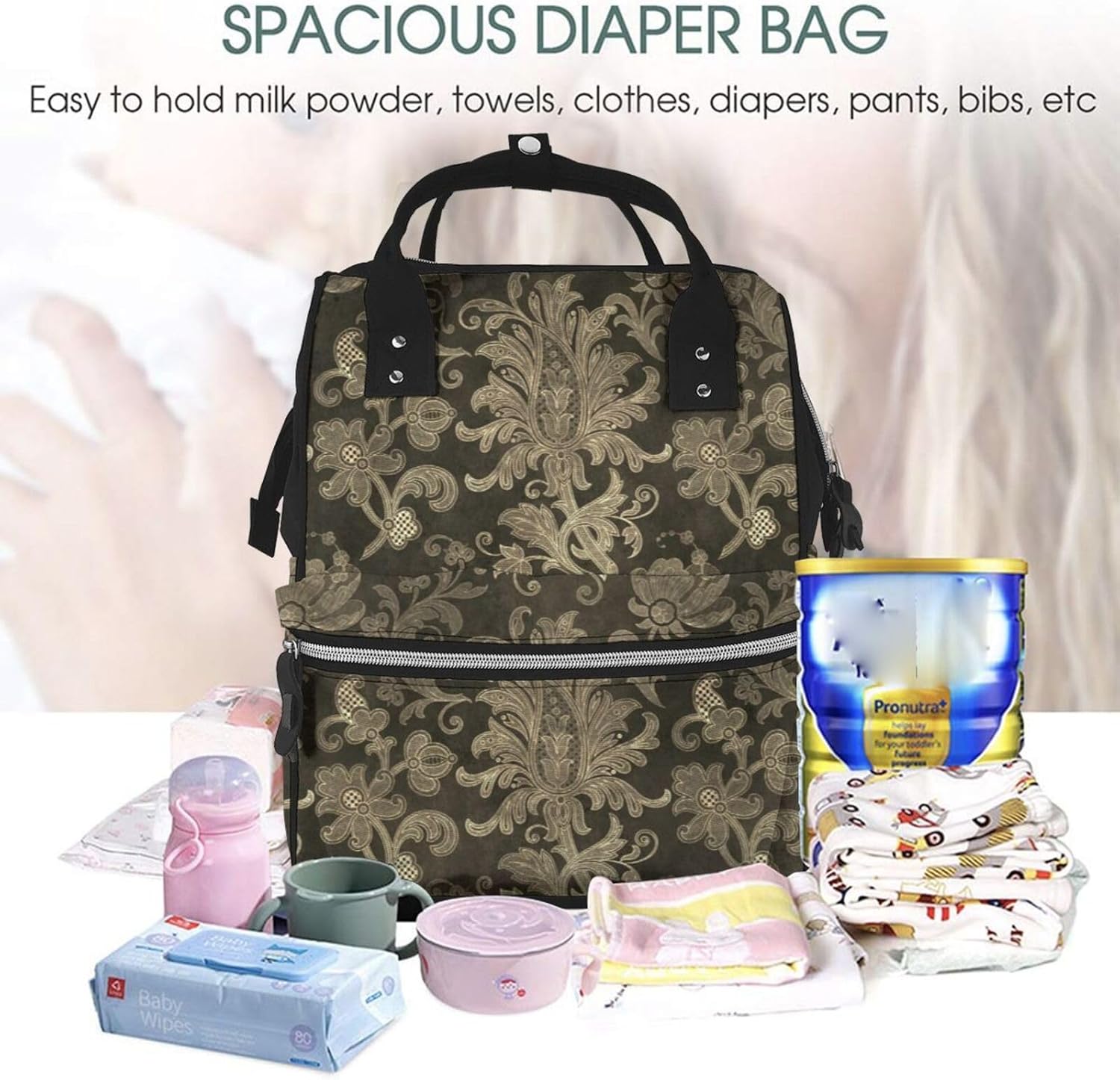 Royal Gold Damask Diaper Bag Backpack for Women, Large Capacity Waterproof Travel Bag with Stroller Straps