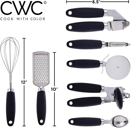 Miniatura 2 de COOK WITH COLOR Juego de utensilios de cocina de acero inoxidable con asas suaves al tacto, 7 piezas, acero inoxidable negro
