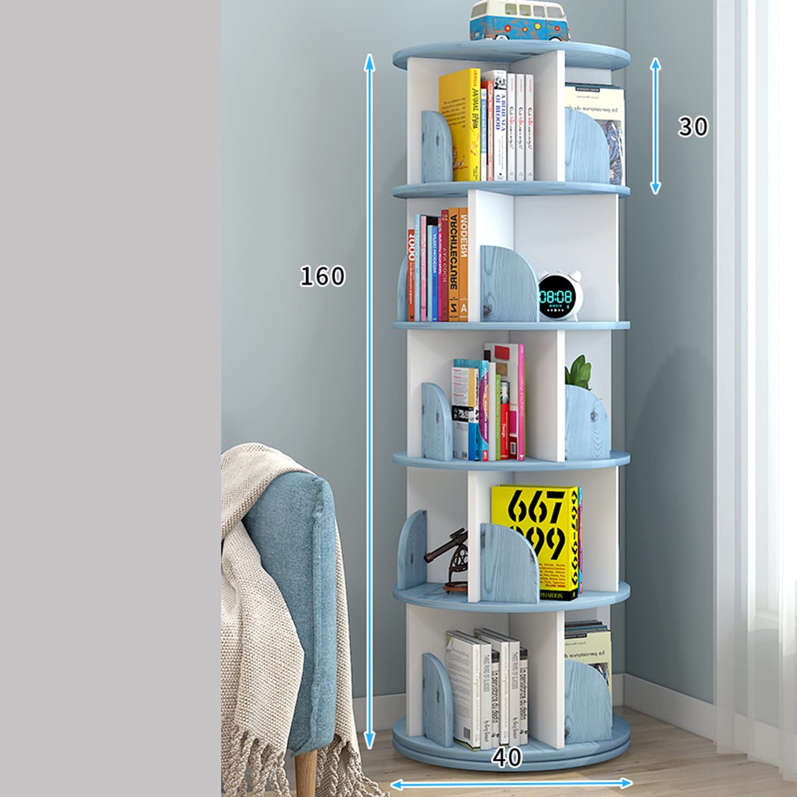 Libreria girevole a 360 gradi per bambini, da pavimento a soffitto, per libri illustrati per bambini, blu, 40 x 160 cm