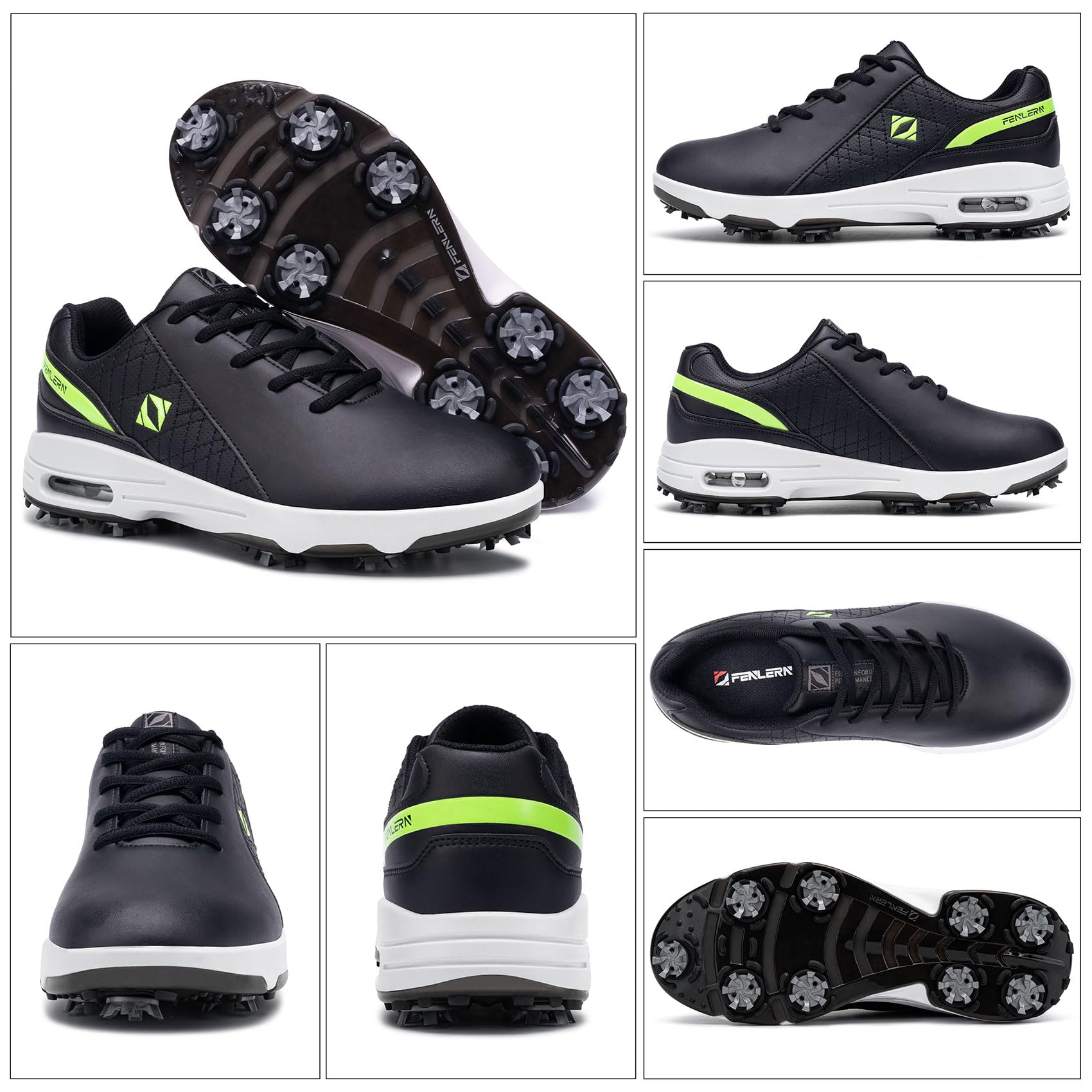FENLERN Golfschuhe für Herren, mit Spikes, wasserdichtes Leder-Obermaterial, Dämpfung F006