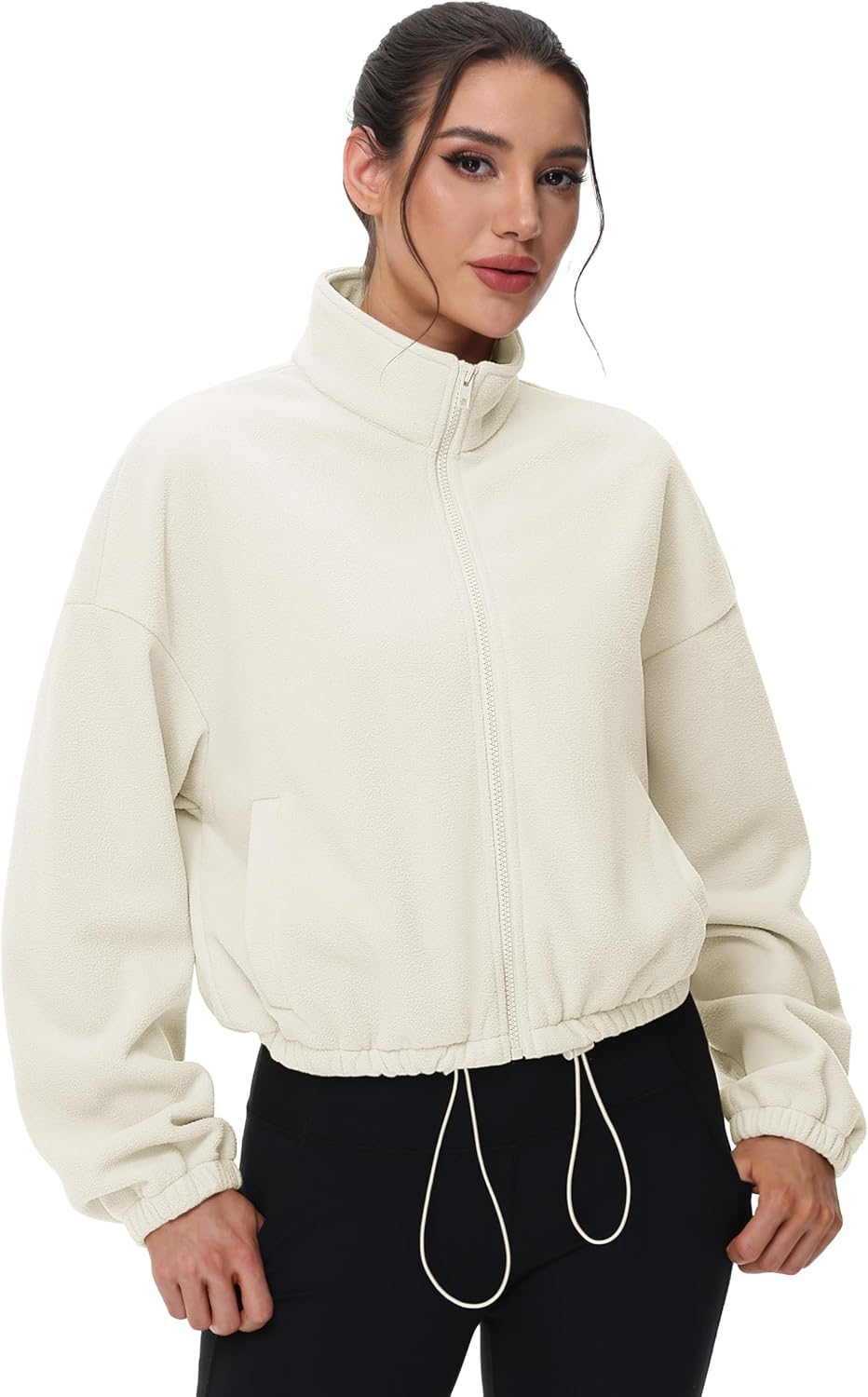 MAGCOMSEN Women's Cropped Fleece Jacket Full Zip Stand Collar Workout Short Sherpa Coat Winter Sweatshirt - Image 4