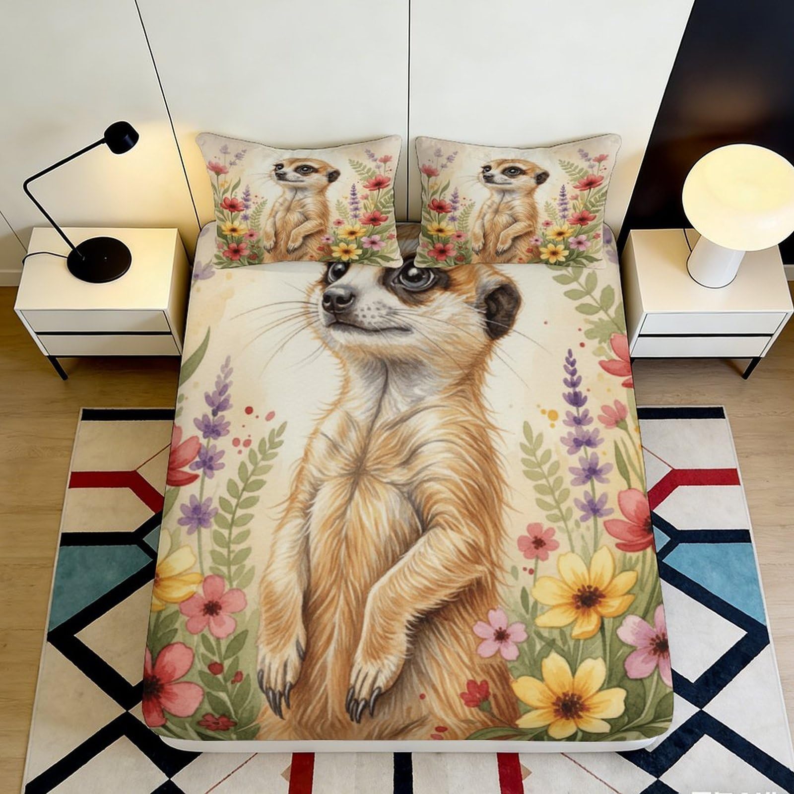 3D Printed Meerkat Floral Fitted Sheet Microfiber Non-Slip Deep Pocket Meerkat Floral Mattress Fitted Cover Washable Bedding 160x200x25cm