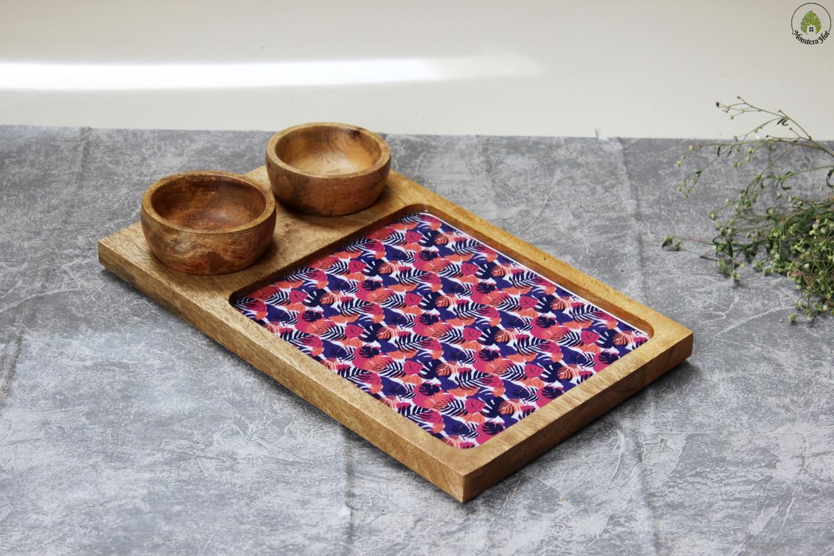 Monstera Hut ® Exotic Berry Blossoms Mangowood Platter with 2 Bowls, for French Fries | Platters for Serving Snacks | Unbreakable Serving Dessert and Snacks Platter/Tray