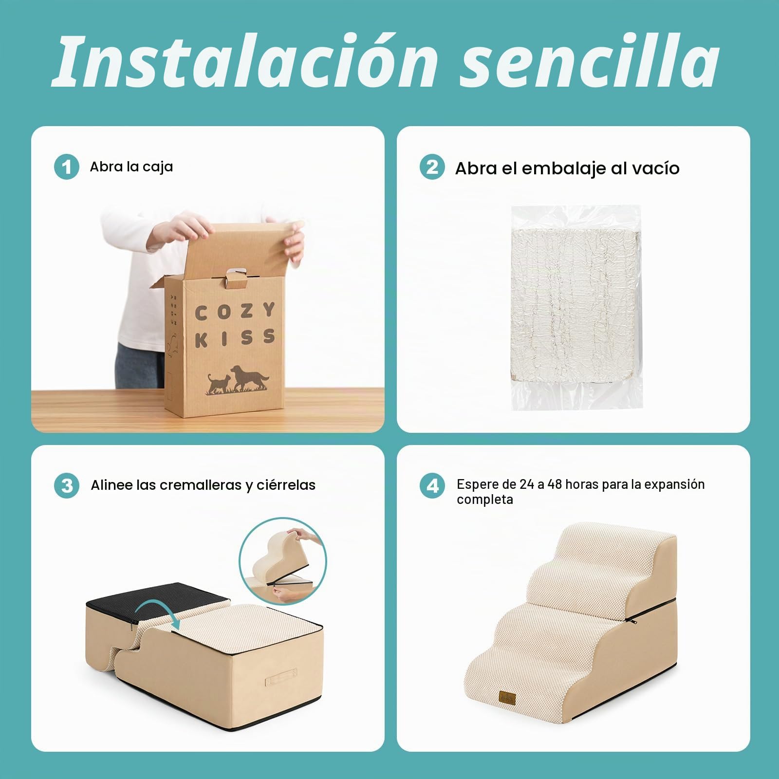 COZY KISS Escalera para Perros Pequeños, Rampa para Perros de Espuma para Cama y sofá, Escaleras para Mascotas con Funda Lavable, Rampa para Gatos de Fondo Antideslizante, Beige, 40x72x50cm