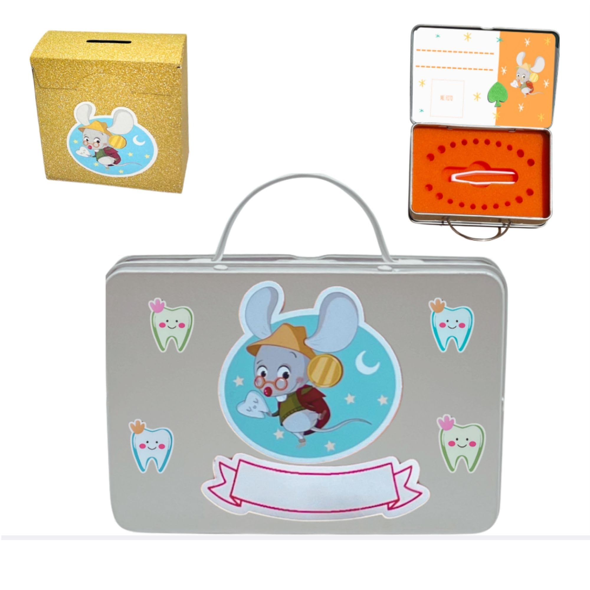 Caja dientes de leche niño - Regalo ratoncito Pérez niño y niña - Pegatinas ratón Pérez y hada de los dientes - Regalos ratón Pérez