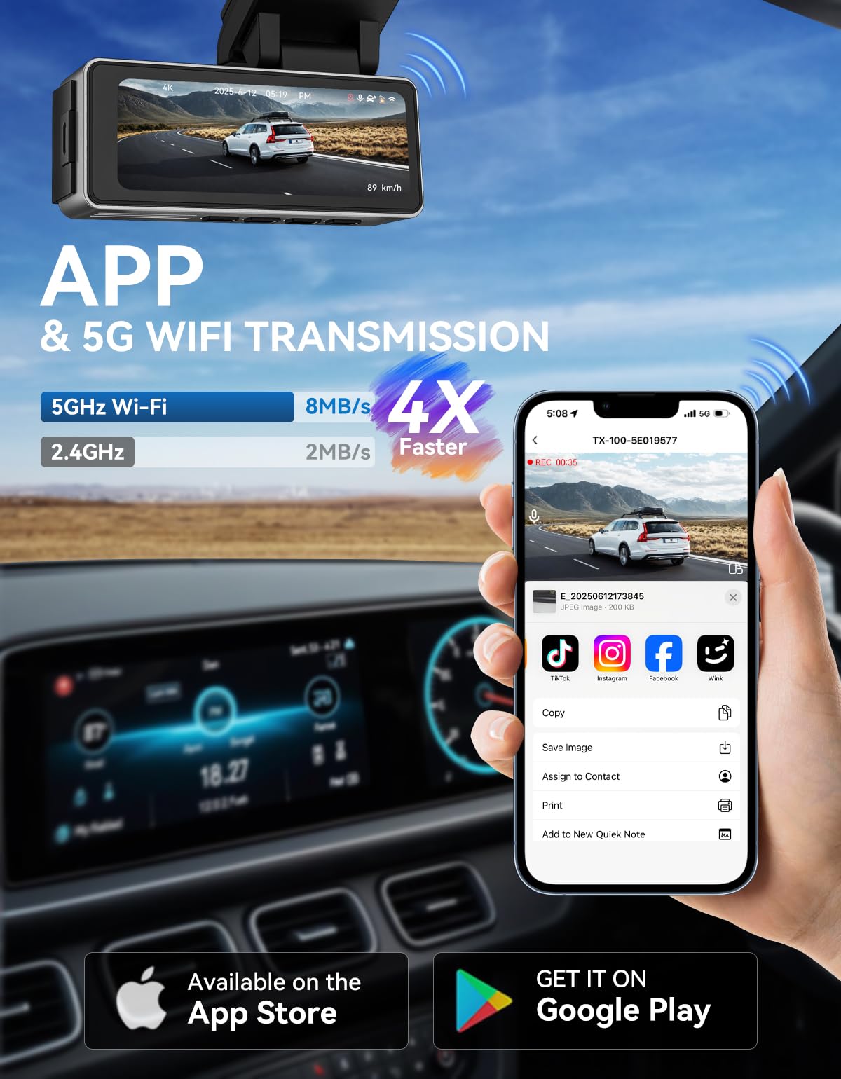 TECXERLLON Caméra embarquée avant et arrière, double caméra de tableau de bord 4K, caméra de tableau de bord pour voiture avec vision nocturne étoilée, grand angle 160° avant et arrière 150°, GPS, WDR