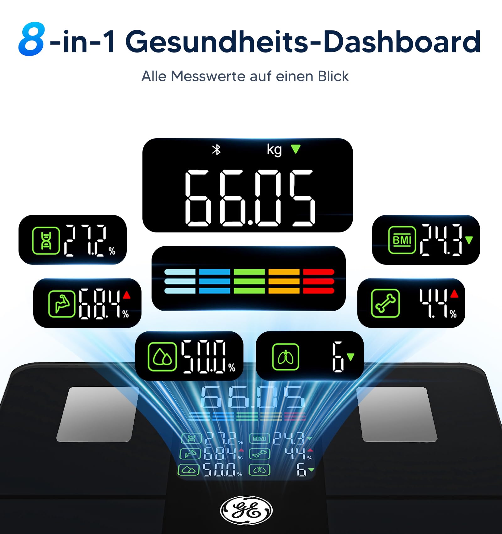 GE Bascula Grasa Corporal y Muscular, Digital Bascula Inteligente con Aplicación 14 Medidas Corporales IMC Bluetooth Báscula de Baño Precisa 180 kgs Black - 3