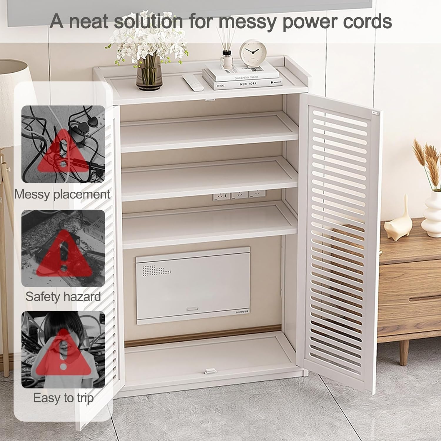 Bamboo WiFi Router Storage Cabinet with Adjustable Shelves, WiFi Router Hidden Box Floor Freestanding Cabinets Organizer with 2 Doors, for Bedroom Living Room(Brown,Medium)