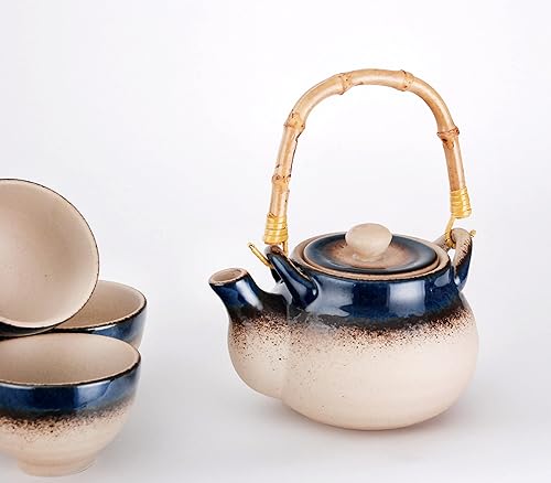 Vista 8 de Hinomaru Collection Kagetsu - Juego de té de porcelana esmaltada reactiva estilo japonés, 24 onzas líquidas, tetera con mango de ratán y cuatro