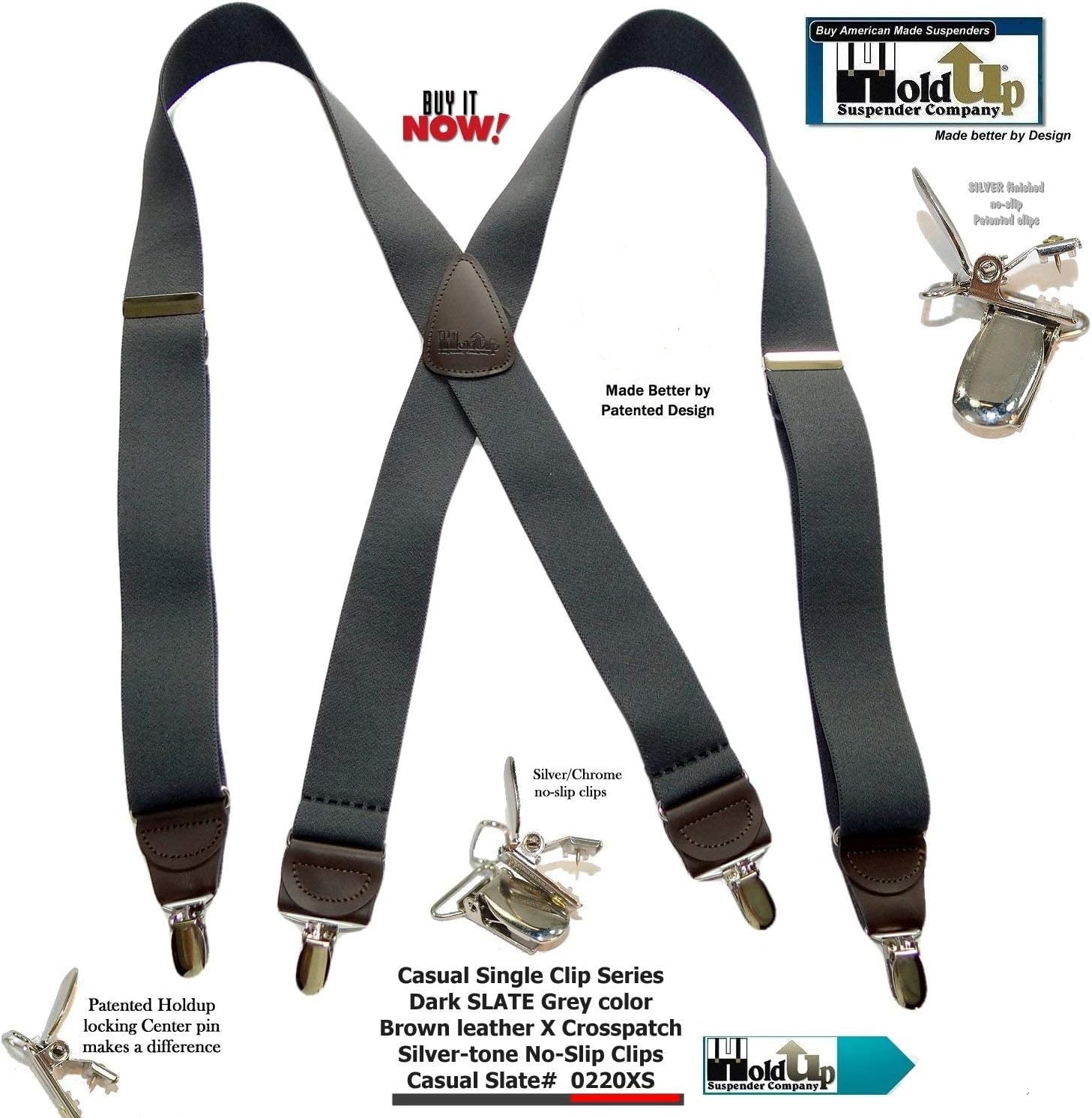 Hold-Up Casual Series Suspenders for Men In the Traditional X-Back Style with USA Patented No-Slip Clips