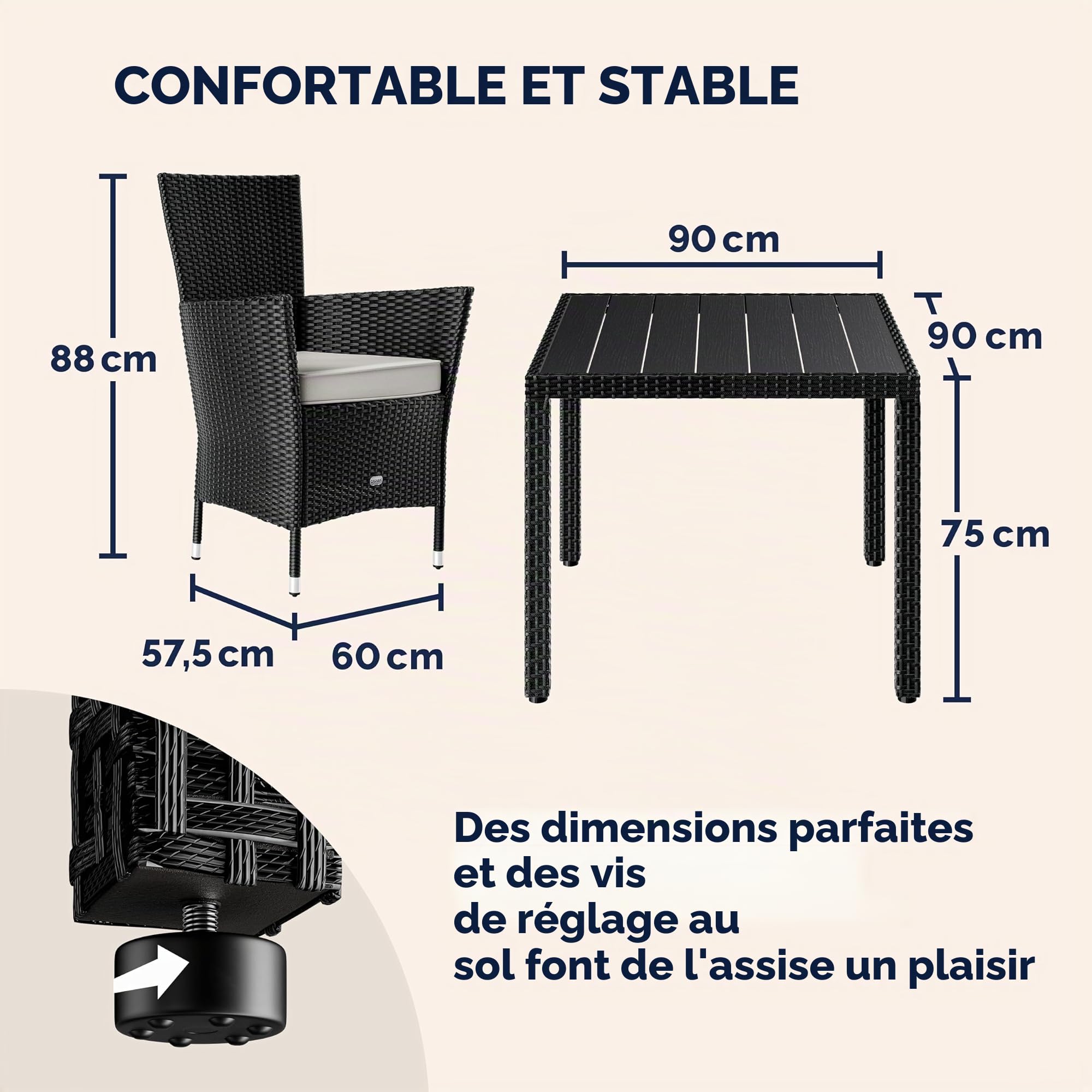 Casaria® Ensemble Salon de Jardin 5 pièces polyrotin Noir Set 1 Table + 4 chaises avec Coussins Bar de Jardin Exterieur