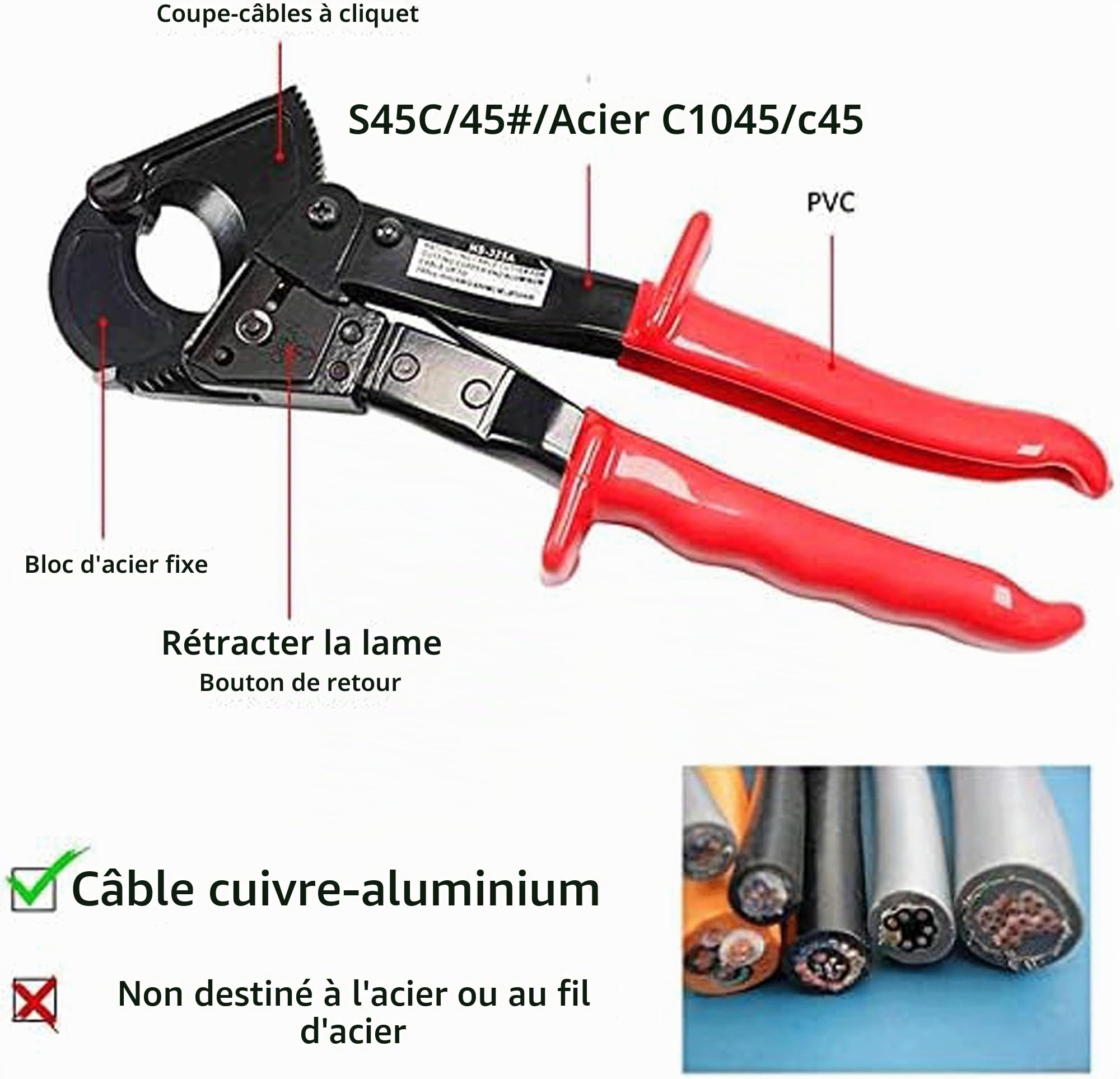 Coupe-câble à cliquet robuste – Coupe jusqu'à 240 mm² câbles en aluminium et cuivre – Poignée ergonomique avec verrouillage de sécurité et couvercle en plastique