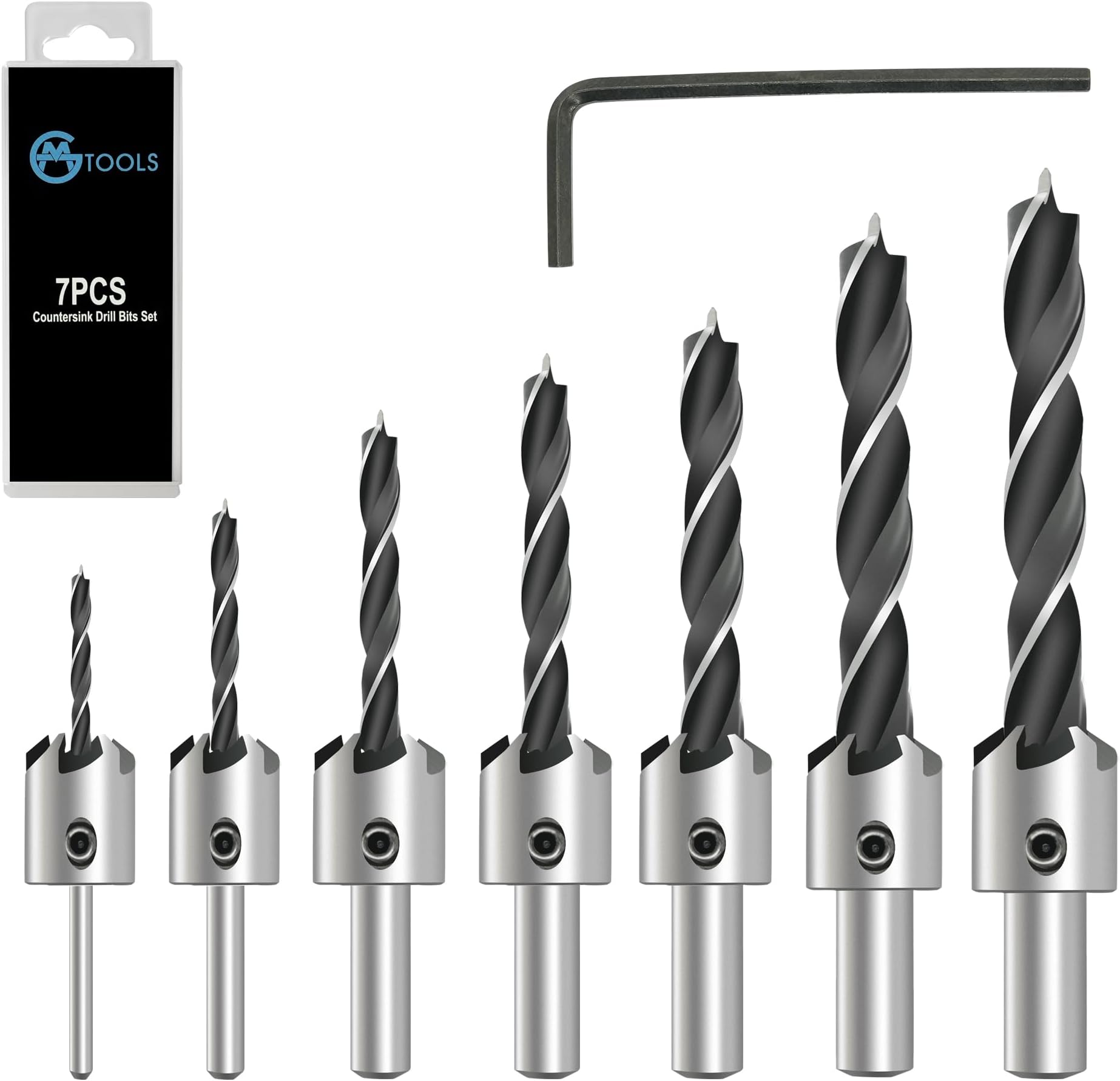 Countersink Drill Bit Set, 7Pcs Tapered Drill Bits M2 HSS, with 1/4" Hex Shank Quick Change and Allen Wrench, Counter Sinker Set for Woodworking and Carpentry, Pilot Screw Hole Set