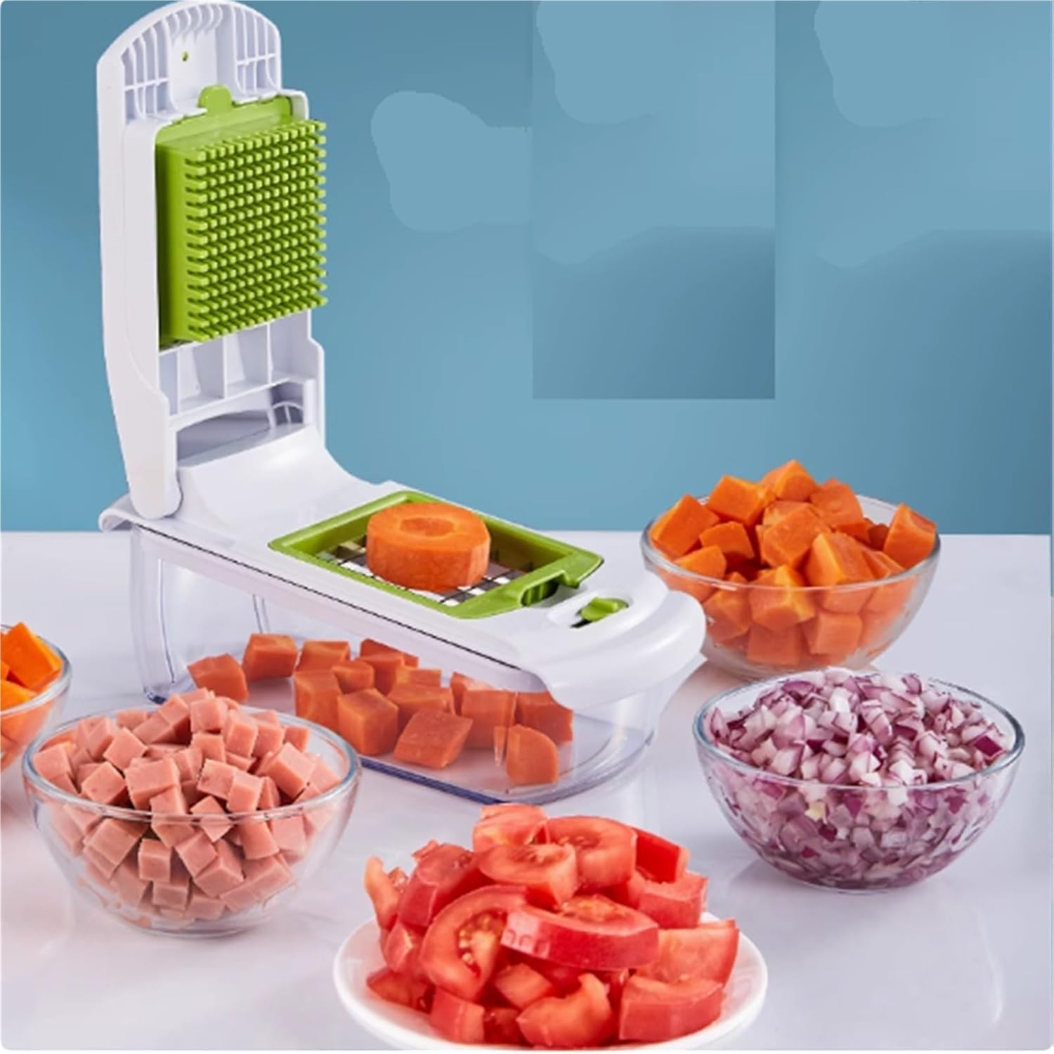 7pcs Vegetable Chopper, High Capacity, Veggie Slicer, Dicer, Easy to Clean, Kitchen Food Cutter with 4 Blade, Save Time and Effort, for Potato Carrot Salad(Pink)