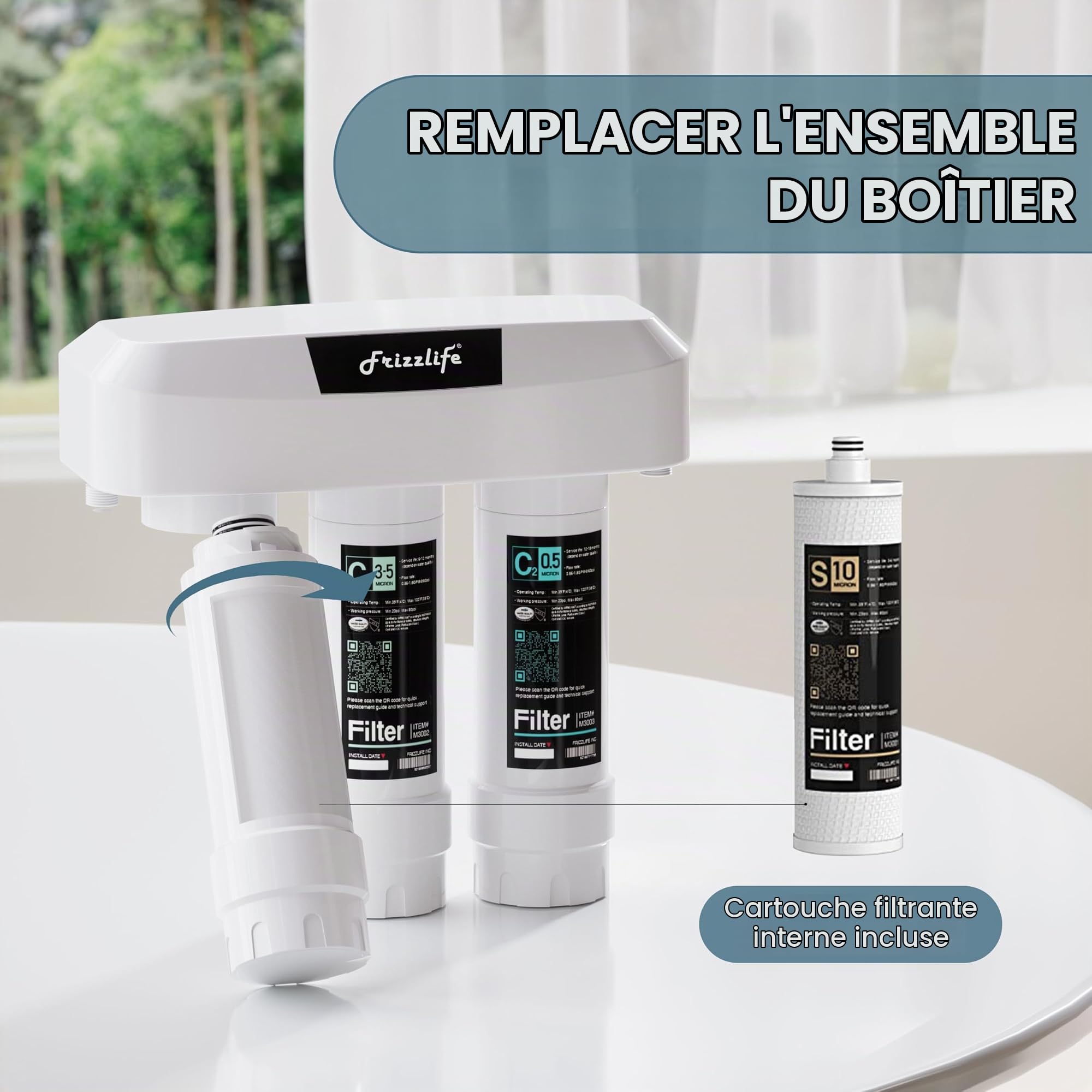Frizzlife SKP-HF Lot de 4 boîtiers de rechange avec cartouches filtrantes à l'intérieur pour système de filtre à eau sous évier SK99 et SP99