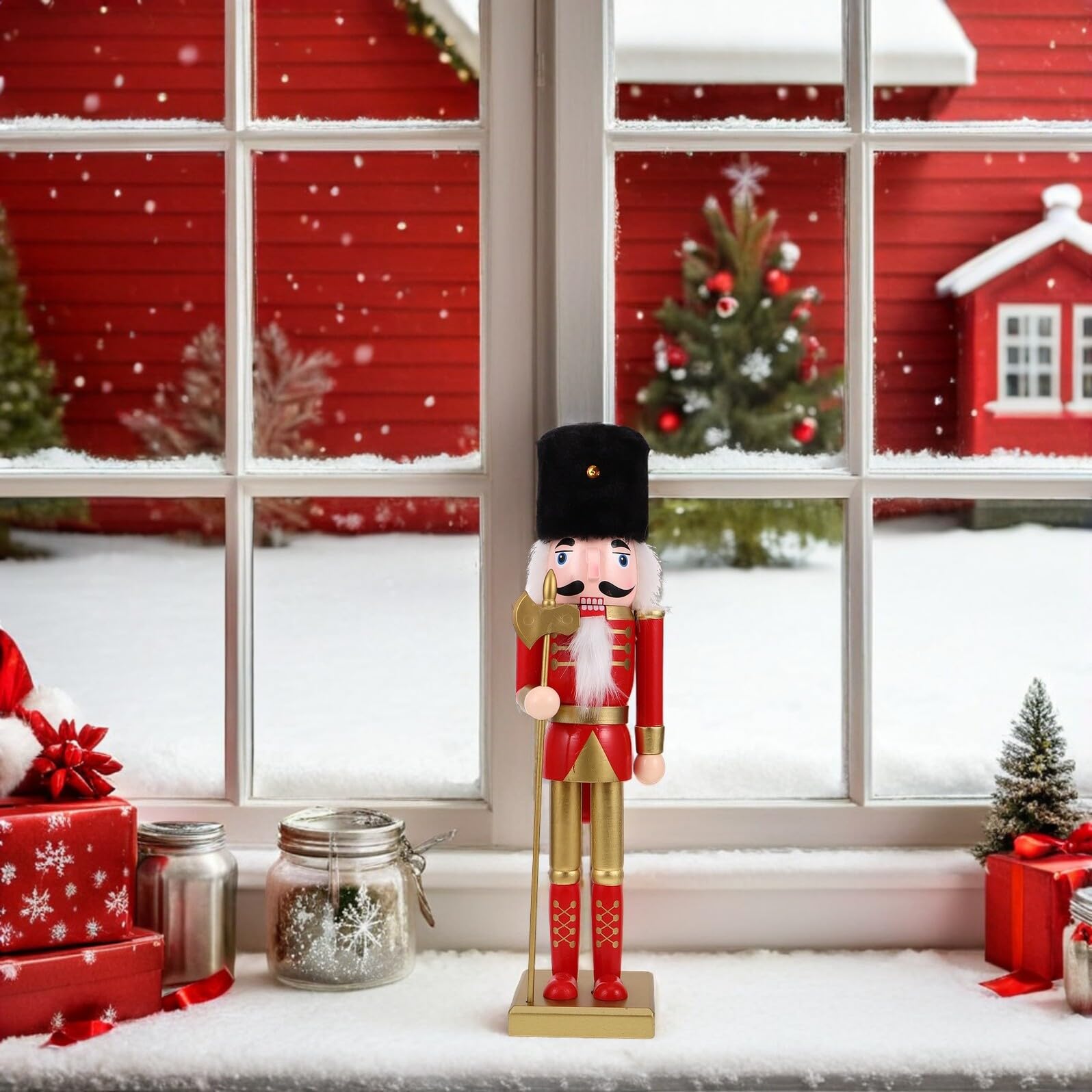 Weihnachtssoldat Nussknackerfigur 38cm mit Quadratischem Sockel Handgefertigte Traditionelle Weihnachtsdekoration für Tisch und Kaminsims