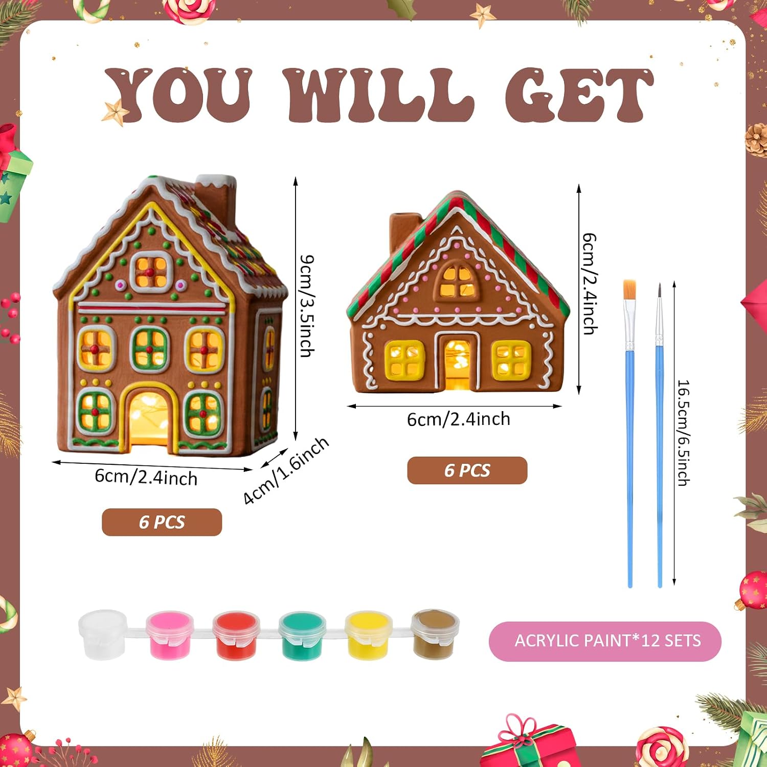 Geelin 12 Sets DIY Ceramic Christmas Gingerbread House Sets Unpainted Gingerbread Houses with Paints Brushes Coloring Xmas Craft Kit for Kids Adult Christmas Party Game Decor, Without Light String