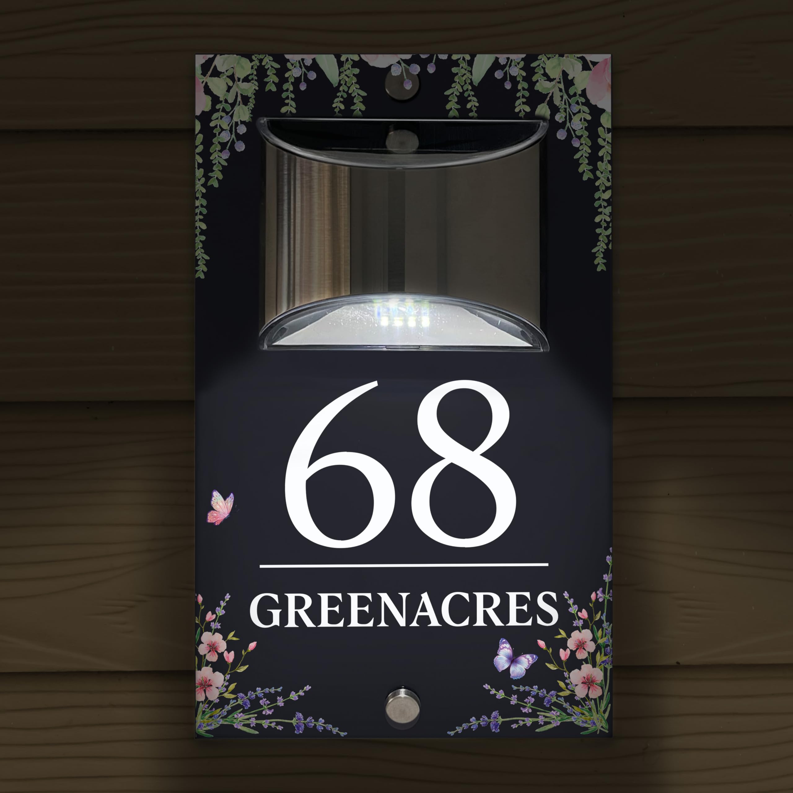 Custom Signs Solar Illuminated Modern Anthracite Grey House Number Sign 24cm x 14.5cm Flower Border Design