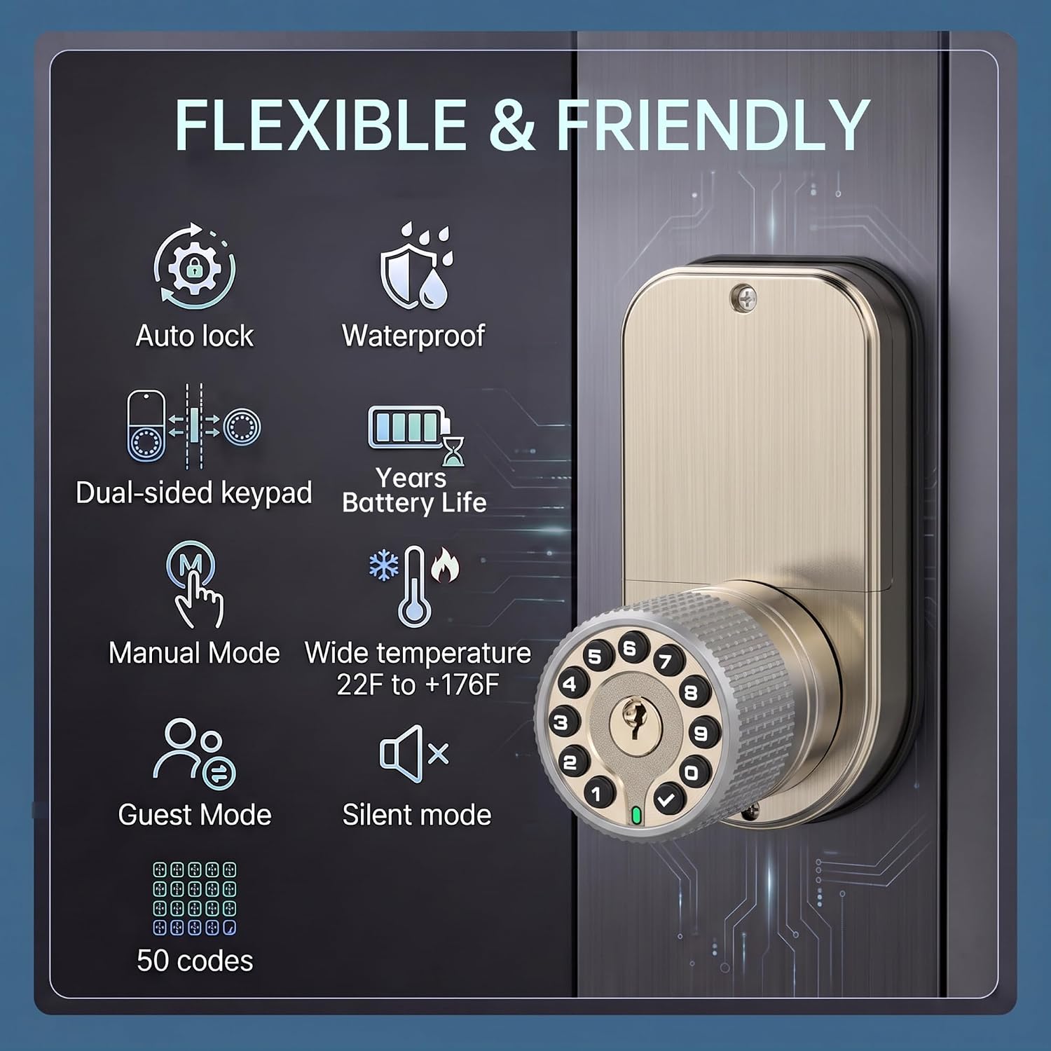 IU32 Double Sided Keypad Door Knob with Dual Cylinders and Key Alike, All-Weather Door Lock for Entrance, Fence, Garden Gate, Swimming Pool, in and Out Security Control. (Stain Nickel) image 3