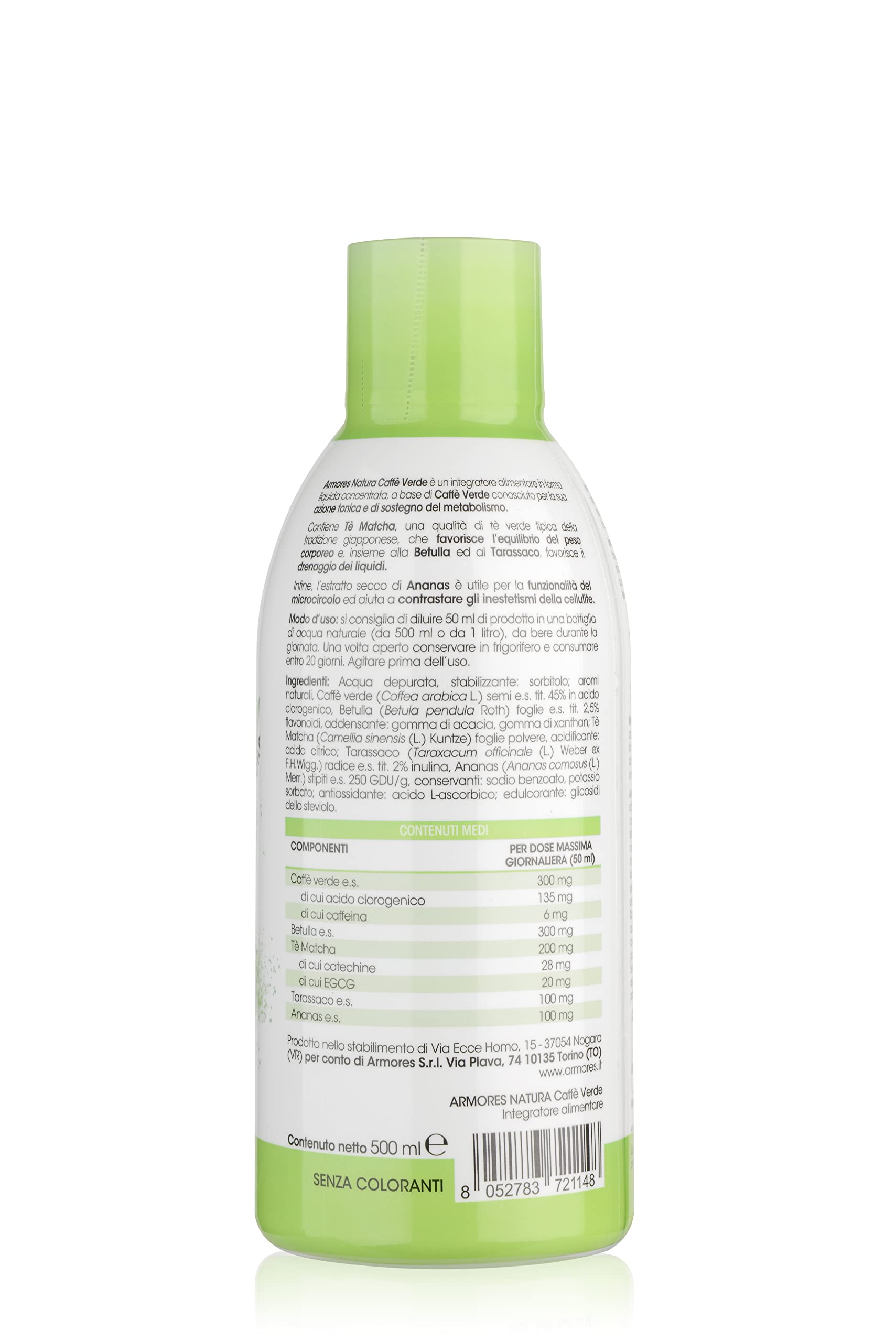 Armores Natura Integratore Alimentare, Caffè Verde, a Base di Caffè Verde, Betulla, Tarassaco e Ananas, con Tè Matcha, Vegano, Senza Glutine e Lattosia, Flacone 500ml