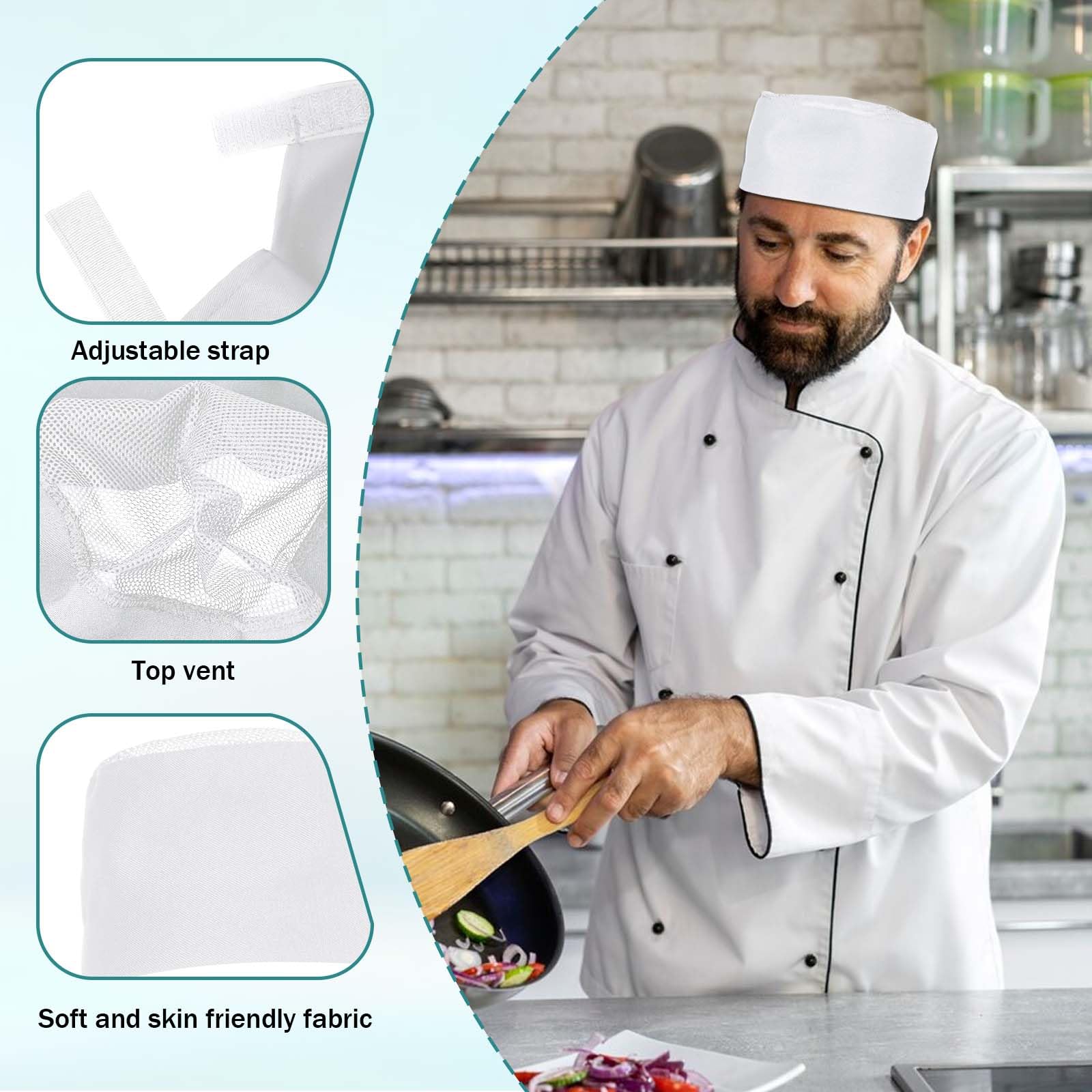 KALIONE Lot de 3 chapeaux de chef blancs réglables pour service alimentaire - Bonnet de chef en maille respirante - Chapeau de restauration professionnel unisexe pour cuisine et restaurant, blanc, 57