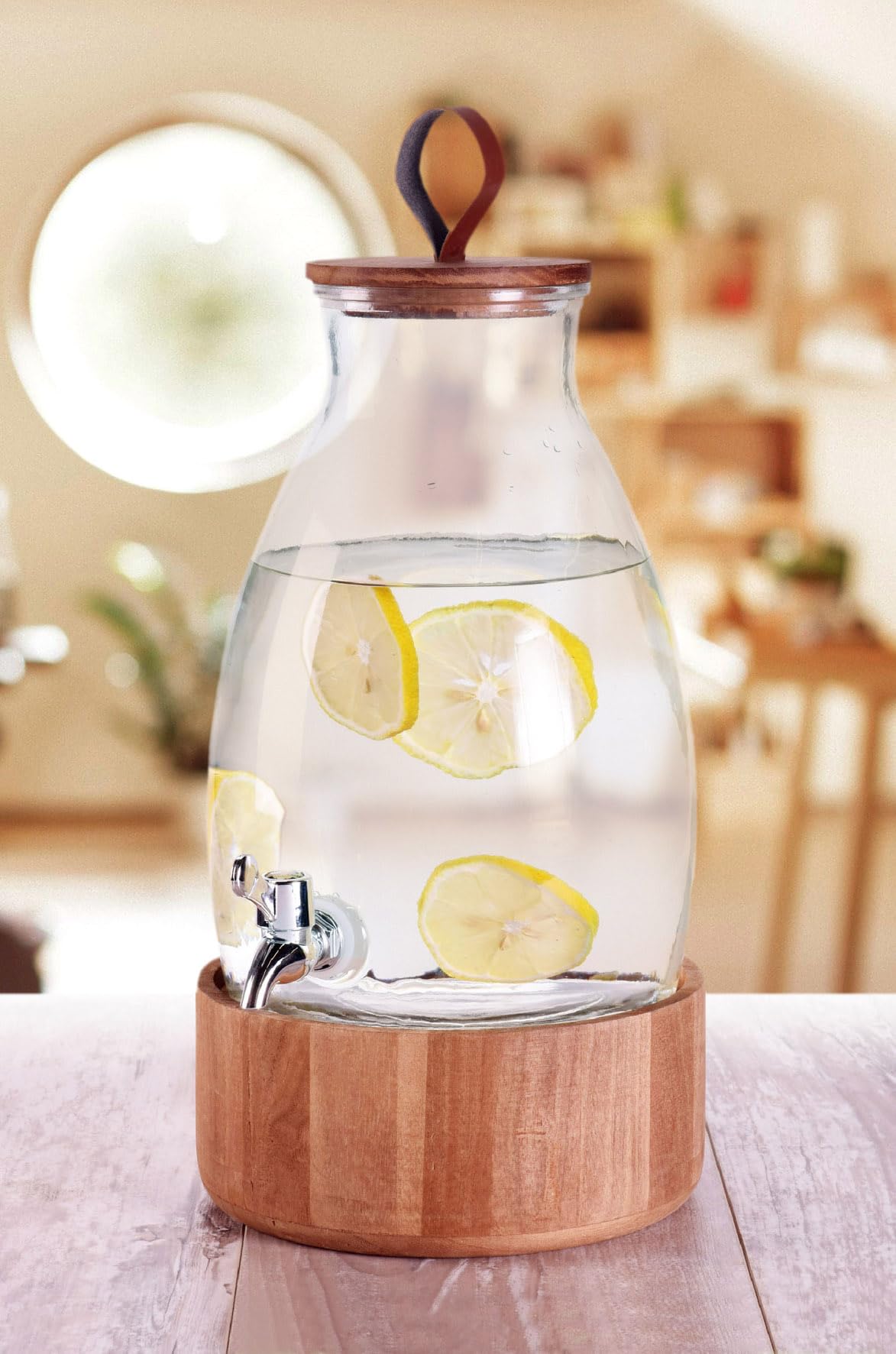 Getränkespender aus Glas mit Holz Ständer, 5,5 Liter | Wasserspender mit Zapfhahn, Für Saft Wasser Limonade, Mit Fuß