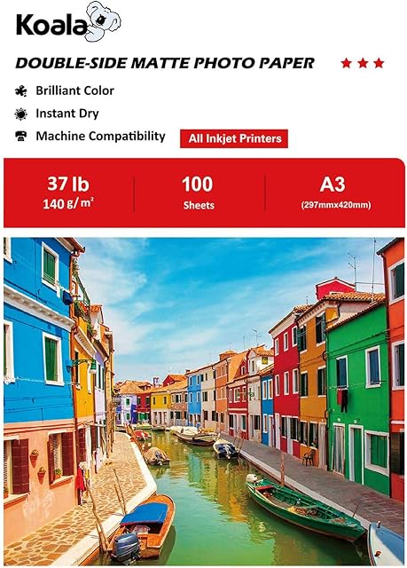 KOALA Double Sided Matte Inkjet Photo Paper A3, 140gsm, 100 Sheets for Inkjet Printers. Suitable for Printing Photos, Brochures, Covers, Certificates, Booklets, Flyers, Leaflets, Cards, Calendars