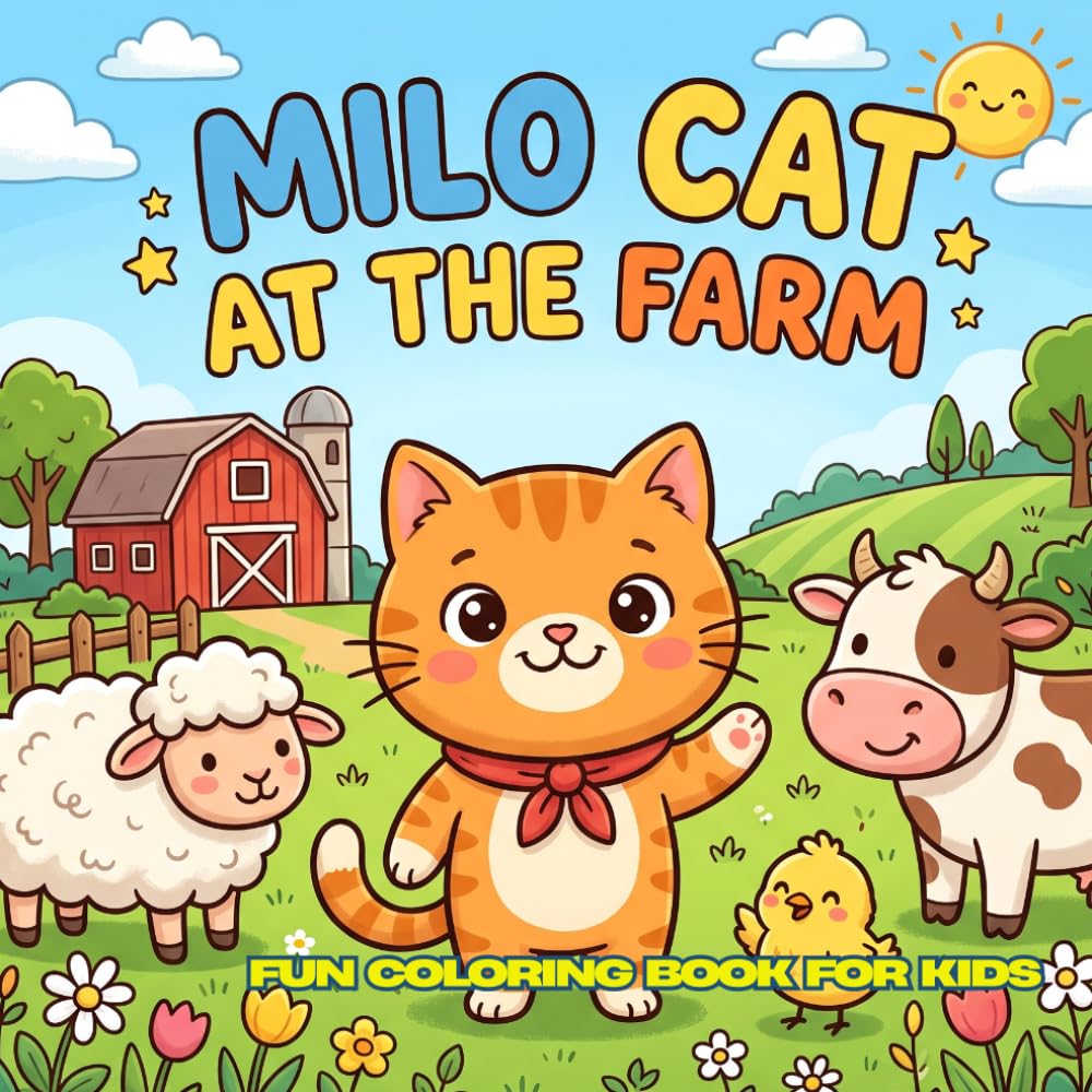 Milo Cat at the Farm: 30 Cute Farm Coloring Pages For Kids Ages 4–12 • 8.5 x 8.5 Inches • Big Bold Easy Designs