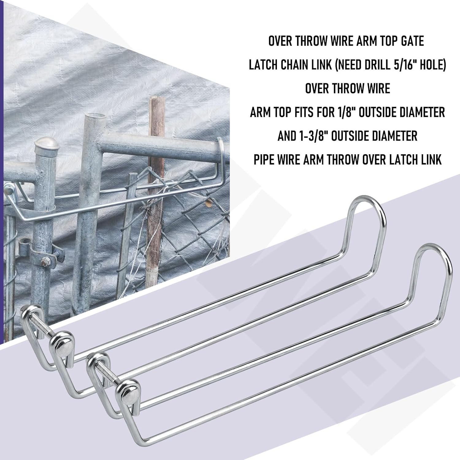 2 Pack 13.5" Over Throw Wire Arm Top Gate Latch, Silver Chain Link Fence Gate Latch Fits for Residential gate Frames Constructed of Either 1-1/8" OD or 1-3/8" OD Tube