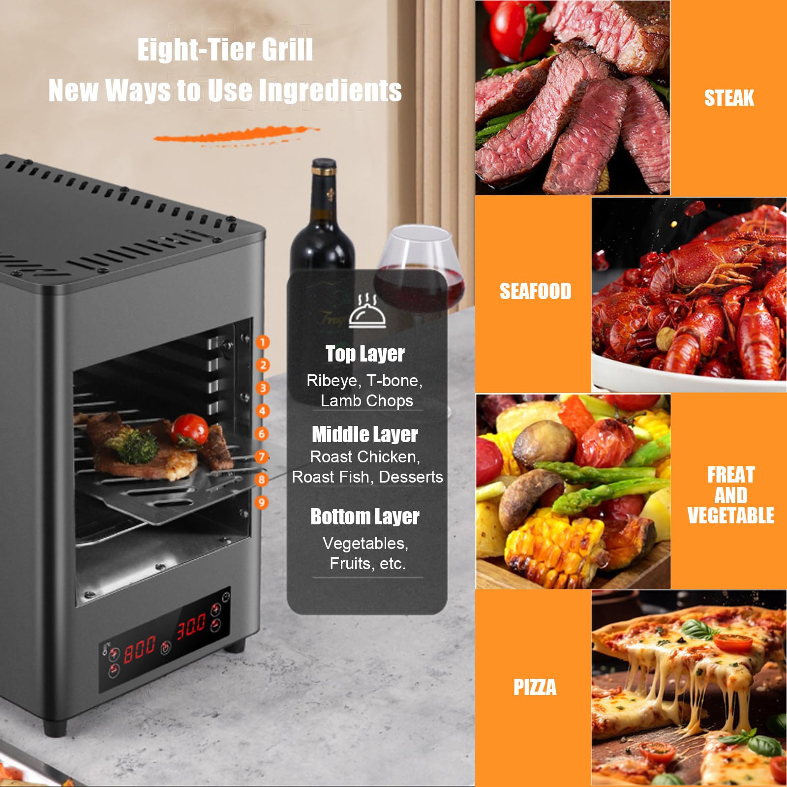 Forno Pizza Elettrico Bistecchiera Elettrica 800℃ Temperatura di Grigliatura Professionale Maniglia Resistente al Calore Vassoio di Raccolta Olio per Cucina & Campeggio TypeA