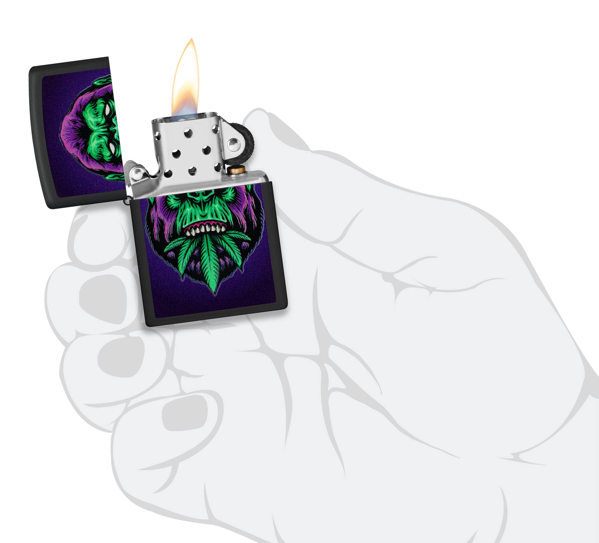 Zippo Encendedor a Prueba de Viento Recargable - Cannabis Gorilla Acabado Negro Mate Efecto Luz Negra